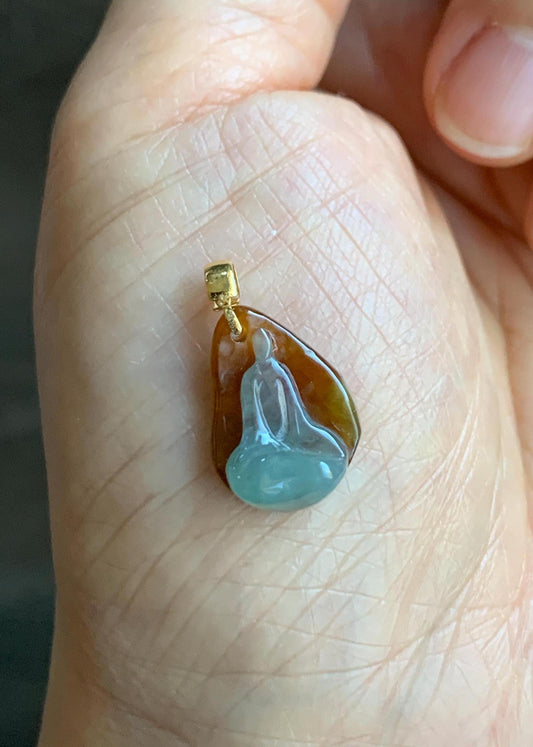 Petite Natural Grade A Bicolored Light Blue & Red Icy Translucent Jadeite Carved Chanting Monk Pendant 18K Yellow Gold