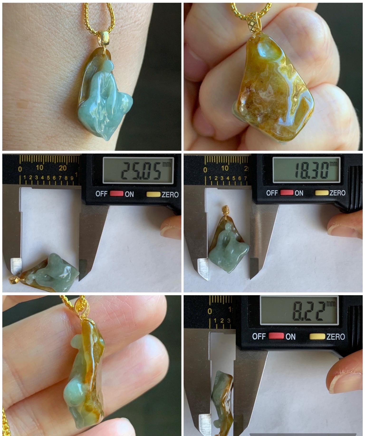 Petite Natural Grade A Bicolored Light Blue & Red Icy Translucent Jadeite Carved Chanting Monk Pendant 18K Yellow Gold 天然红加淡蓝双色翡翠悟道镶嵌迷你吊坠 B