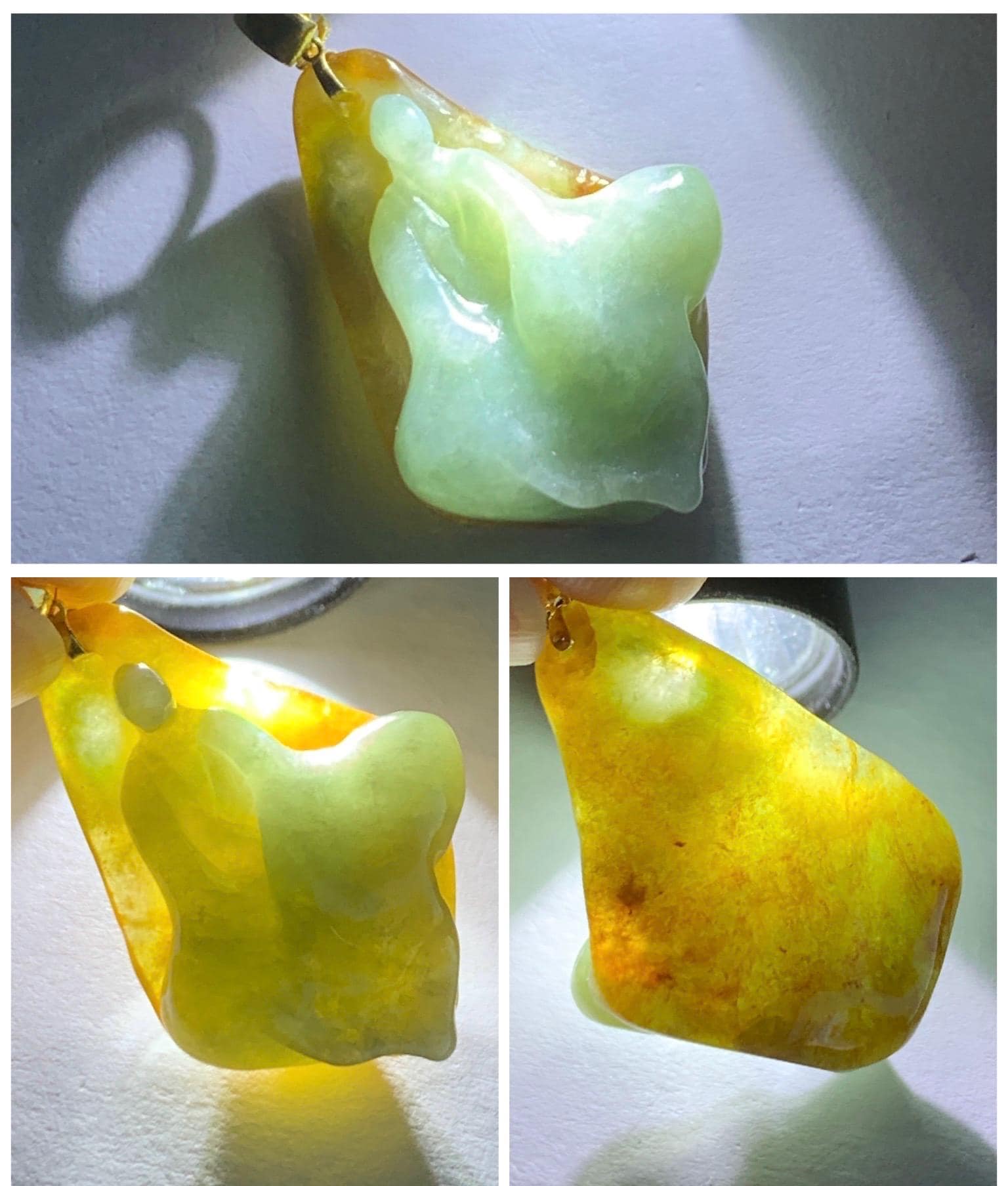 Petite Natural Grade A Bicolored Light Blue & Red Icy Translucent Jadeite Carved Chanting Monk Pendant 18K Yellow Gold 天然红加淡蓝双色翡翠悟道镶嵌迷你吊坠 B