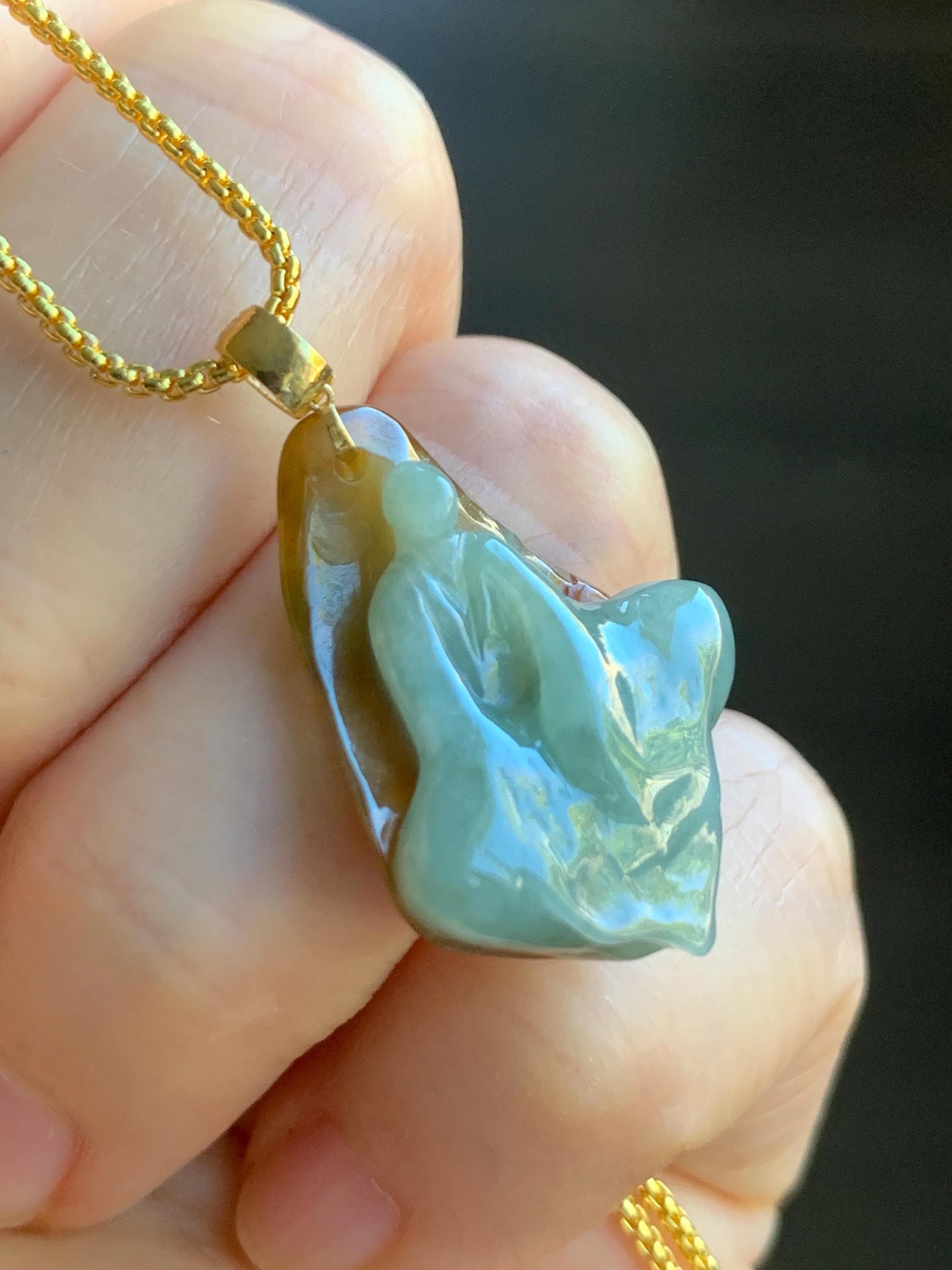 Petite Natural Grade A Bicolored Light Blue & Red Icy Translucent Jadeite Carved Chanting Monk Pendant 18K Yellow Gold