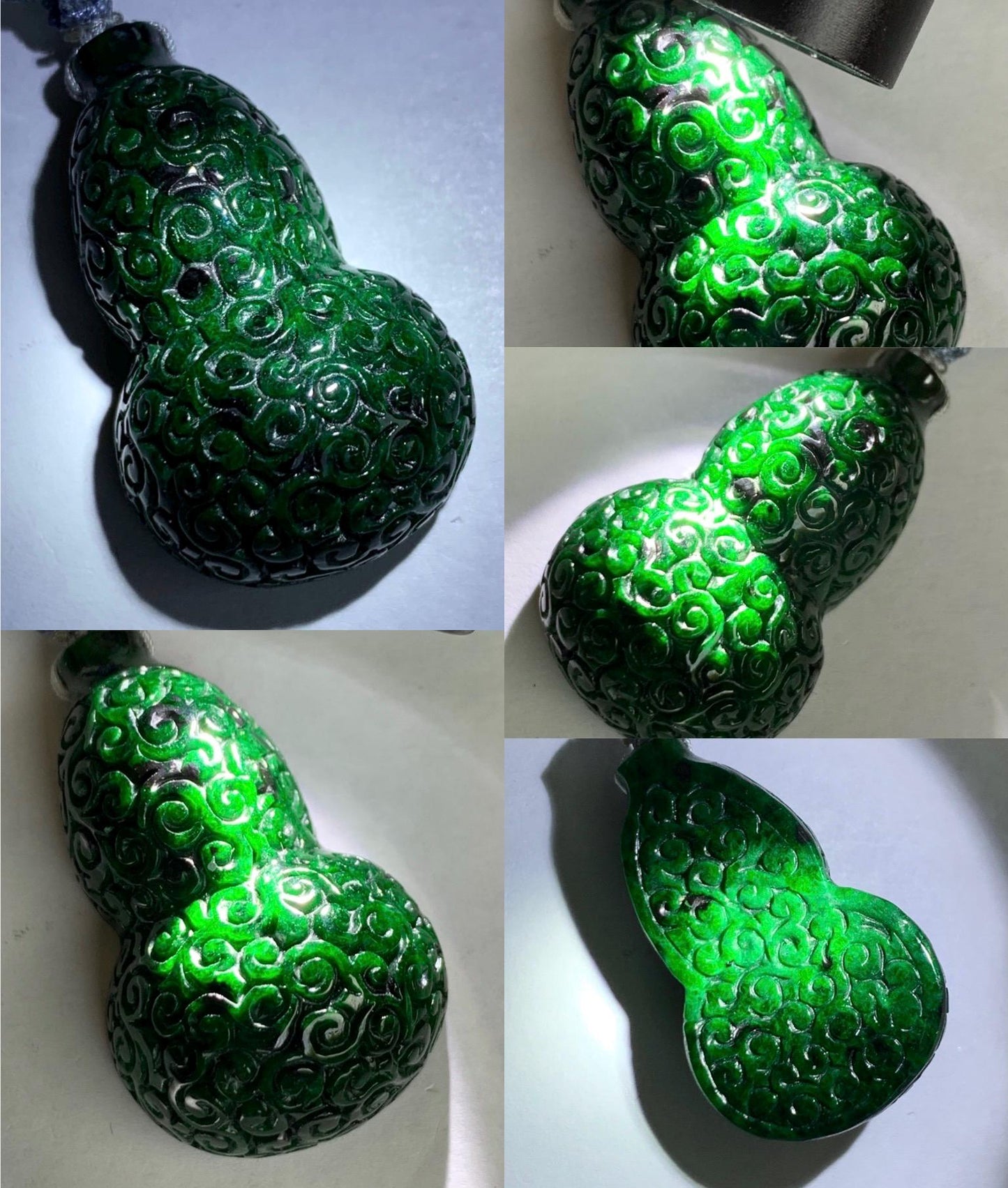 Natural Grade A Icy Dark Green Vibrant Green Marbled Jadeite Engraved Gourd Hulu Pendant Rope Necklace Adjustable