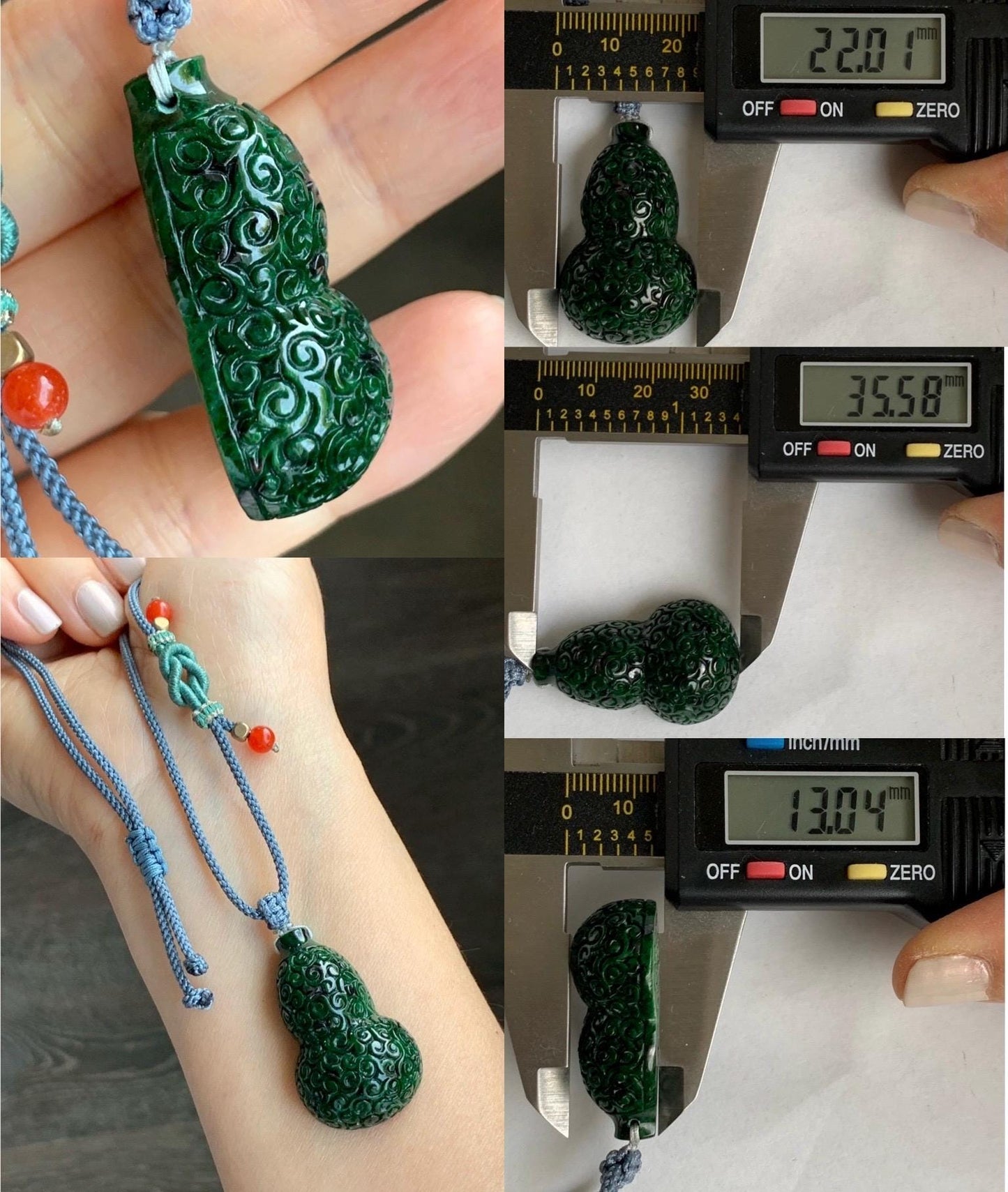 Natural Grade A Icy Dark Green Vibrant Green Marbled Jadeite Engraved Gourd Hulu Pendant Rope Necklace Adjustable 26” 18g 天然辣绿花青翡翠仿古雕葫芦吊坠