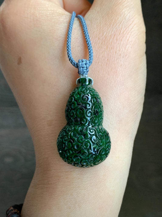 Natural Grade A Icy Dark Green Vibrant Green Marbled Jadeite Engraved Gourd Hulu Pendant Rope Necklace Adjustable