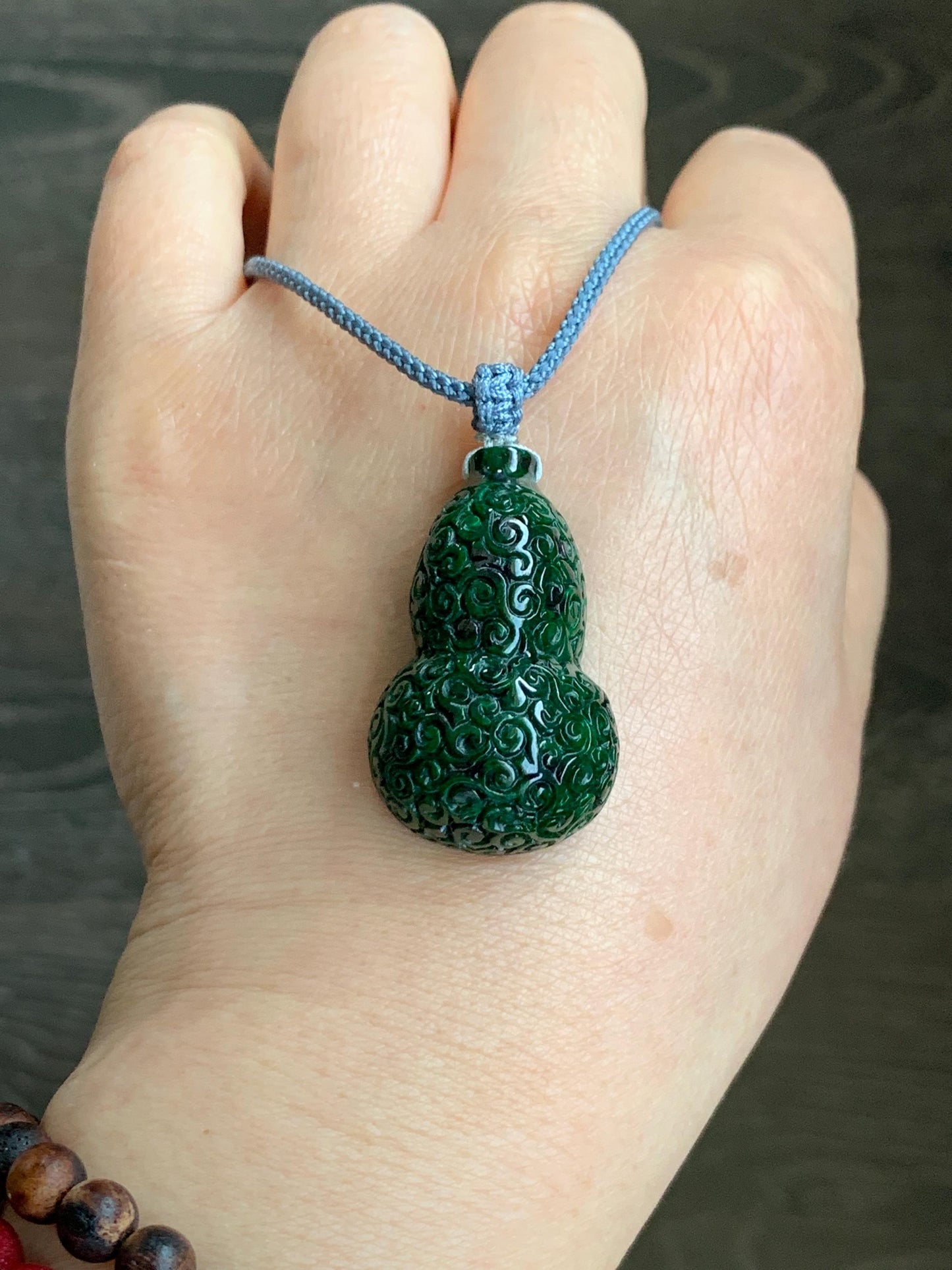 Natural Grade A Icy Dark Green Vibrant Green Marbled Jadeite Engraved Gourd Hulu Pendant Rope Necklace Adjustable