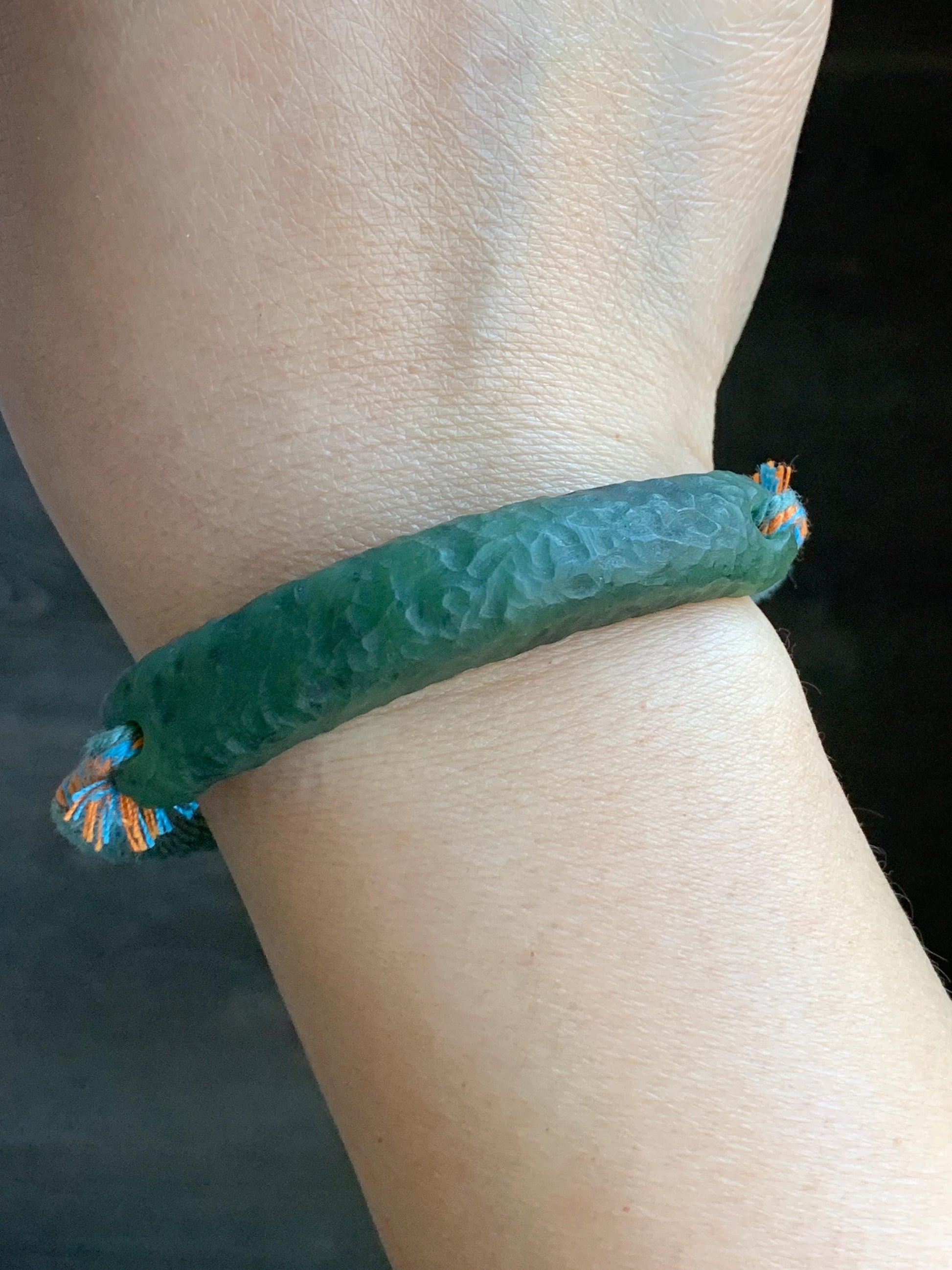 Natural Grade A Nephrite Jade Cuff Rope Bracelet Translucent Dark Green Adjustable 7" 19g 天然和田玉仿古手牌手绳 B