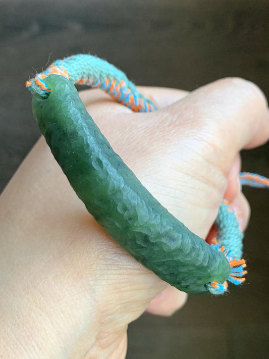 Natural Grade A Nephrite Jade Cuff Rope Bracelet Translucent Dark Green Adjustable 7" 19g 天然和田玉仿古手牌手绳 B