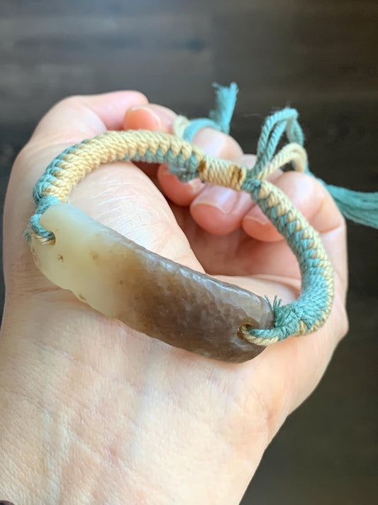 Natural Grade A Nephrite Jade Cuff Rope Bracelet Translucent White & Dark Brown Bicolored Adjustable 7.5" 13g 天然和田玉仿古手牌手绳 A