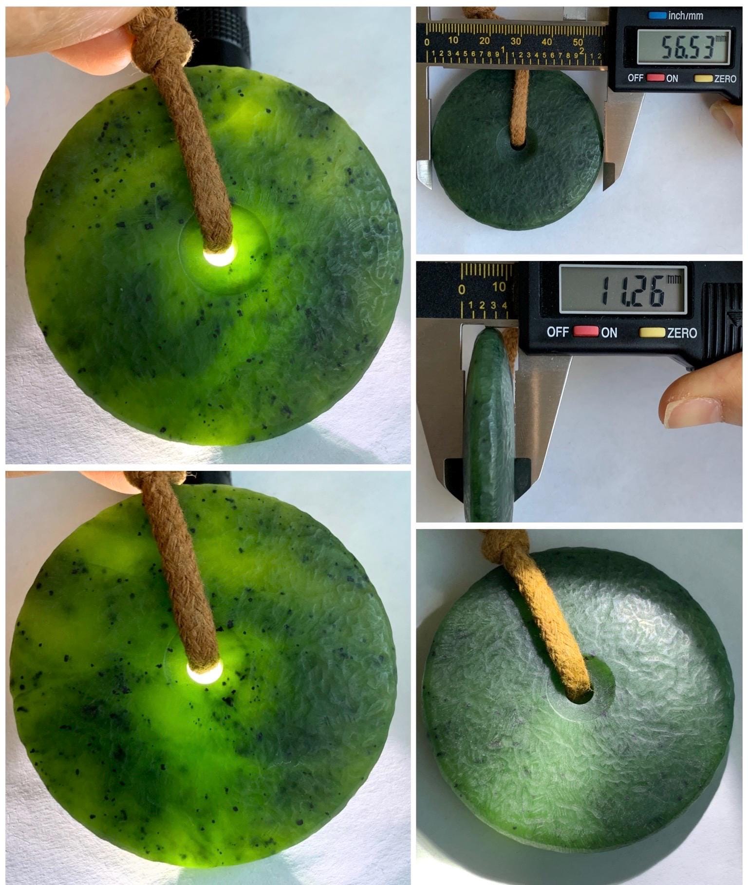 Natural Grade A Nephrite Jade Large Ping An Kou Donut Pendant Rope Necklace Translucent Dark Green Adjustable 67g 天然和田玉仿古平安扣项链