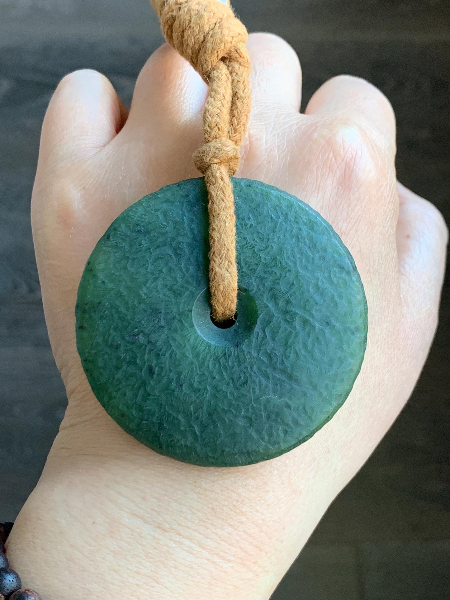 Natural Grade A Nephrite Jade Large Ping An Kou Donut Pendant Rope Necklace Translucent Dark Green Adjustable 67g 天然和田玉仿古平安扣项链