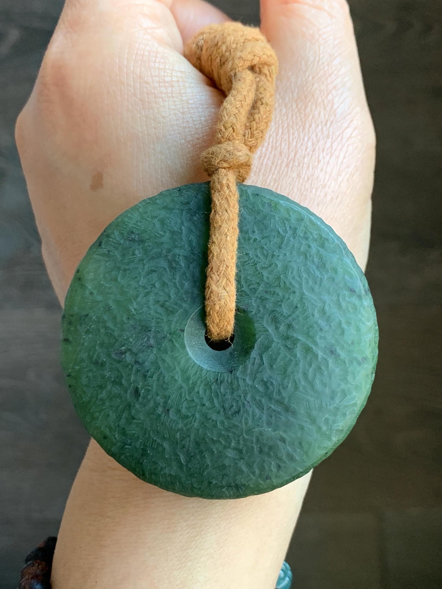 Natural Grade A Nephrite Jade Large Ping An Kou Donut Pendant Rope Necklace Translucent Dark Green Adjustable 67g 天然和田玉仿古平安扣项链