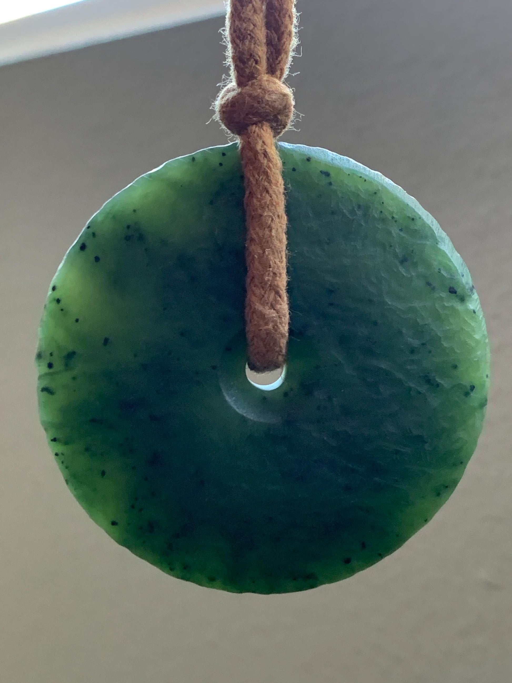 Natural Grade A Nephrite Jade Large Ping An Kou Donut Pendant Rope Necklace Translucent Dark Green Adjustable 67g 天然和田玉仿古平安扣项链