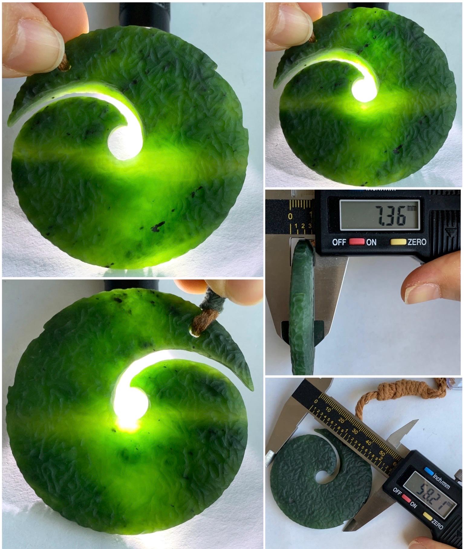Natural Grade A Nephrite Jade Large Circle Pendant Rope Necklace Translucent Dark Green Adjustable 45g 天然和田玉仿时来运转挂件项链