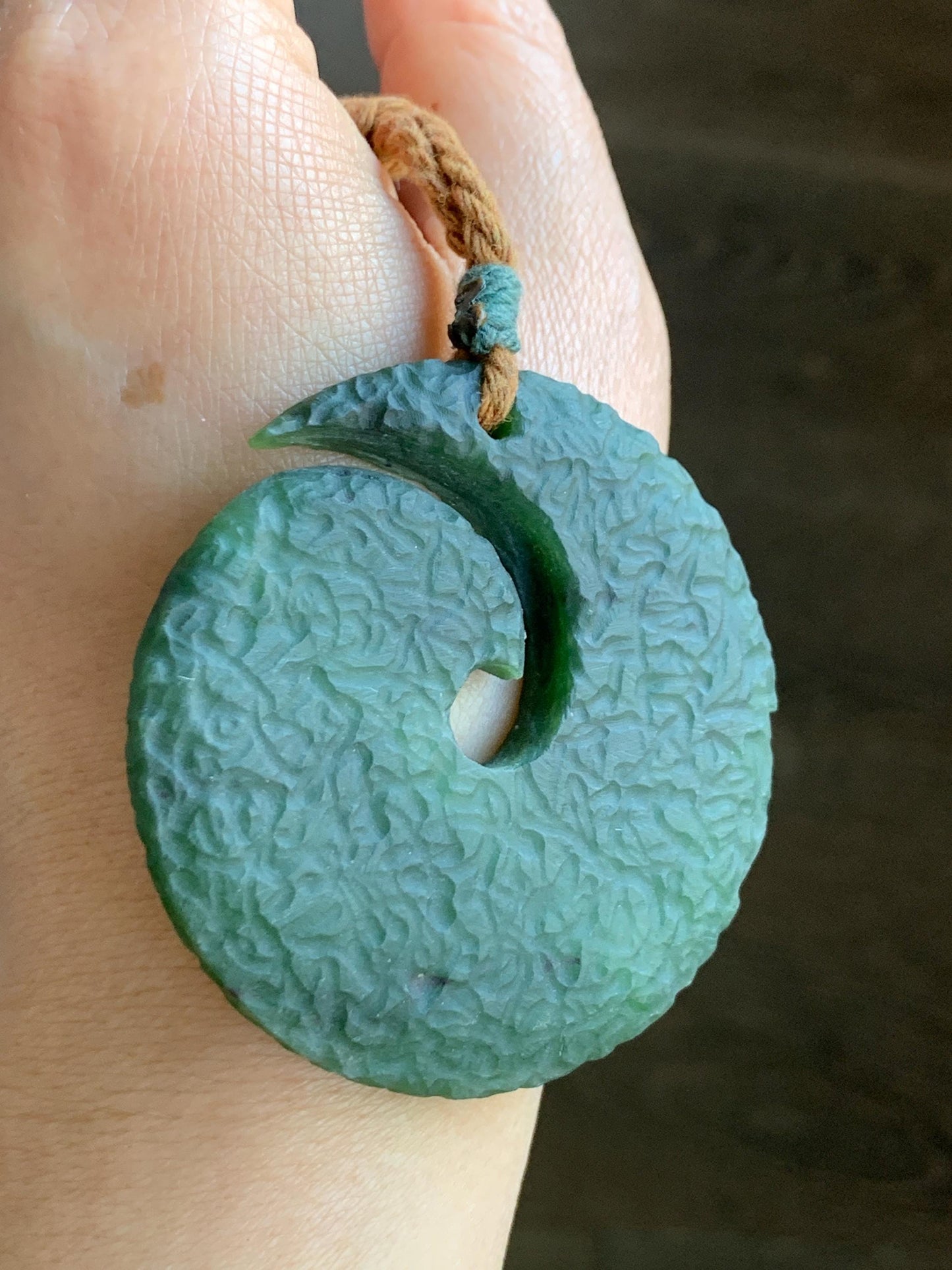 Natural Grade A Nephrite Jade Large Circle Pendant Rope Necklace Translucent Dark Green Adjustable 45g 天然和田玉仿时来运转挂件项链