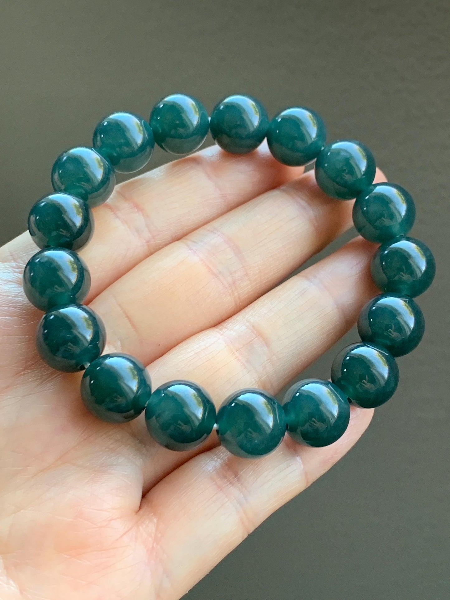 Certified Natural Grade A Guatemalan Icy Translucent Gelatinous Dark Teal Blue Jadeite Beaded Bracelet 11.8mm 7.25” 48g 天然老种冰危深蓝翡翠大卡手串 7853