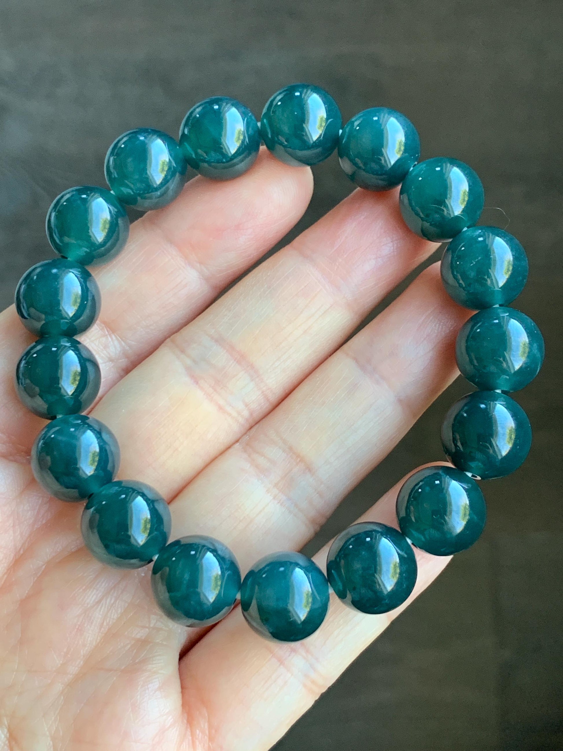 Certified Natural Grade A Guatemalan Icy Translucent Gelatinous Dark Teal Blue Jadeite Beaded Bracelet 11.8mm 7.25” 48g 天然老种冰危深蓝翡翠大卡手串 7853