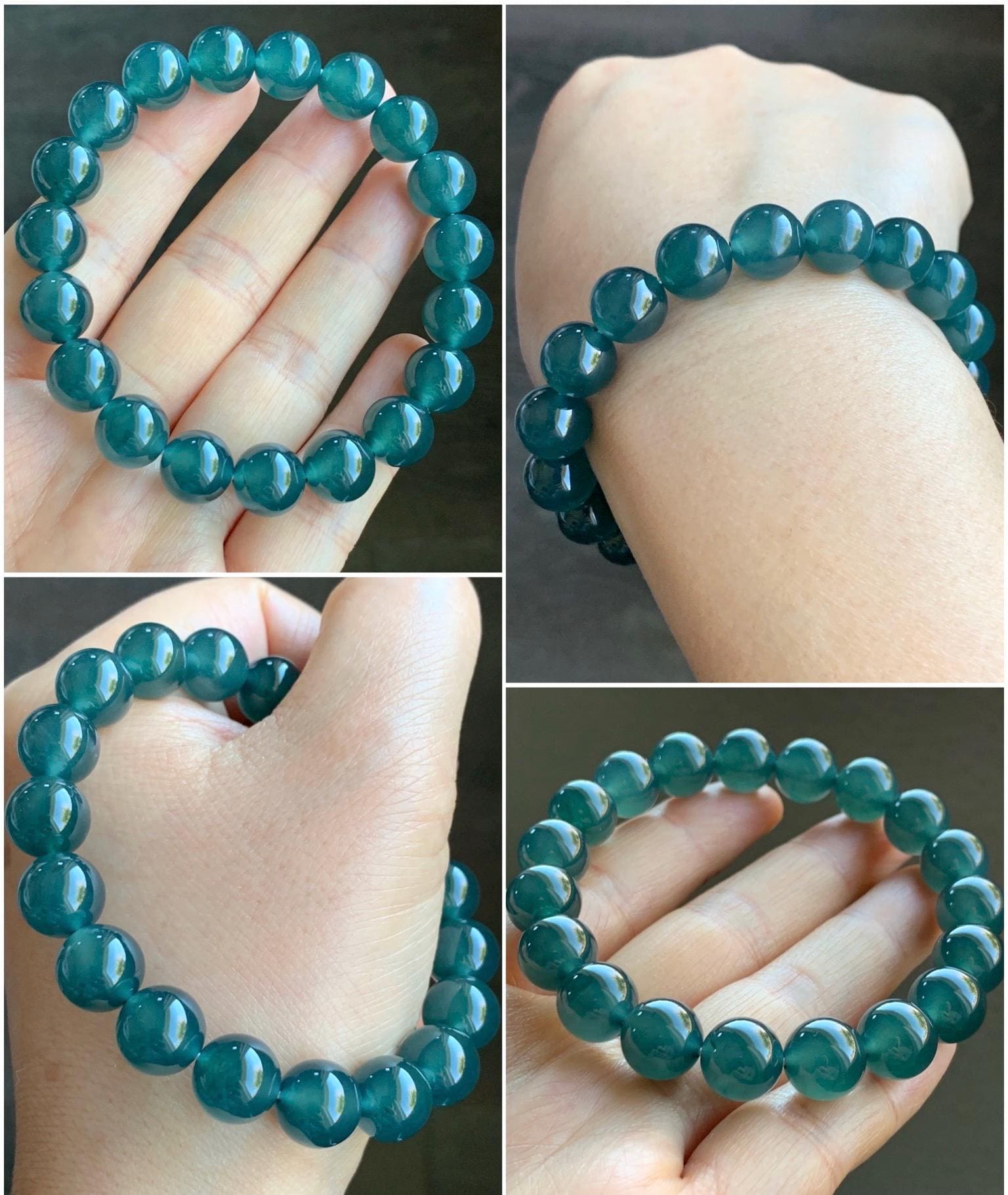 Certified Natural Grade A Guatemalan Premium Icy Translucent Dark Teal Blue Jadeite Beaded Bracelet 10.5mm 7.25” 37.7g 天然老种冰危深蓝翡翠大卡手串 7854