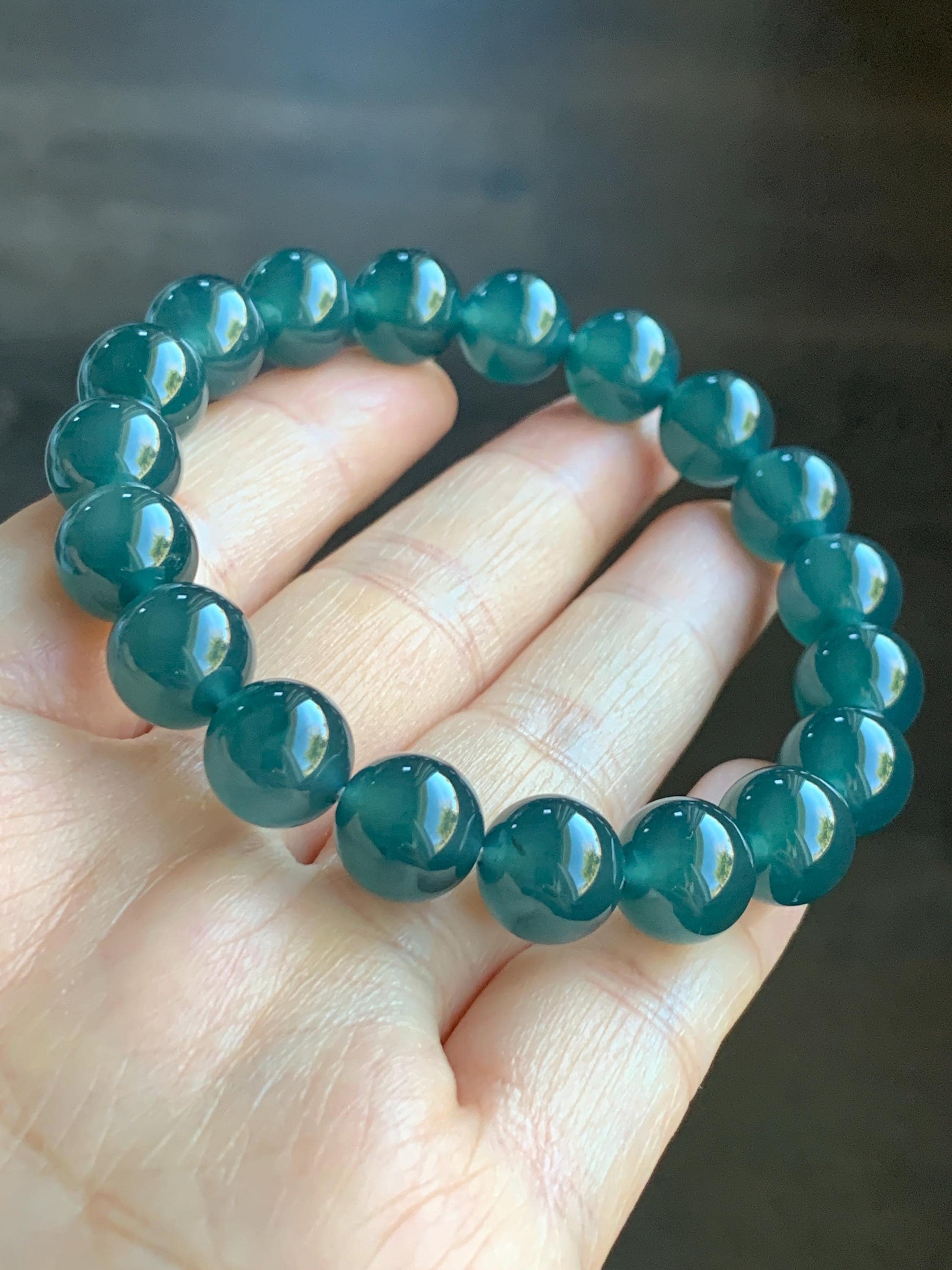 Certified Natural Grade A Guatemalan Premium Icy Translucent Dark Teal Blue Jadeite Beaded Bracelet 10.5mm 7.25” 37.7g 天然老种冰危深蓝翡翠大卡手串 7854