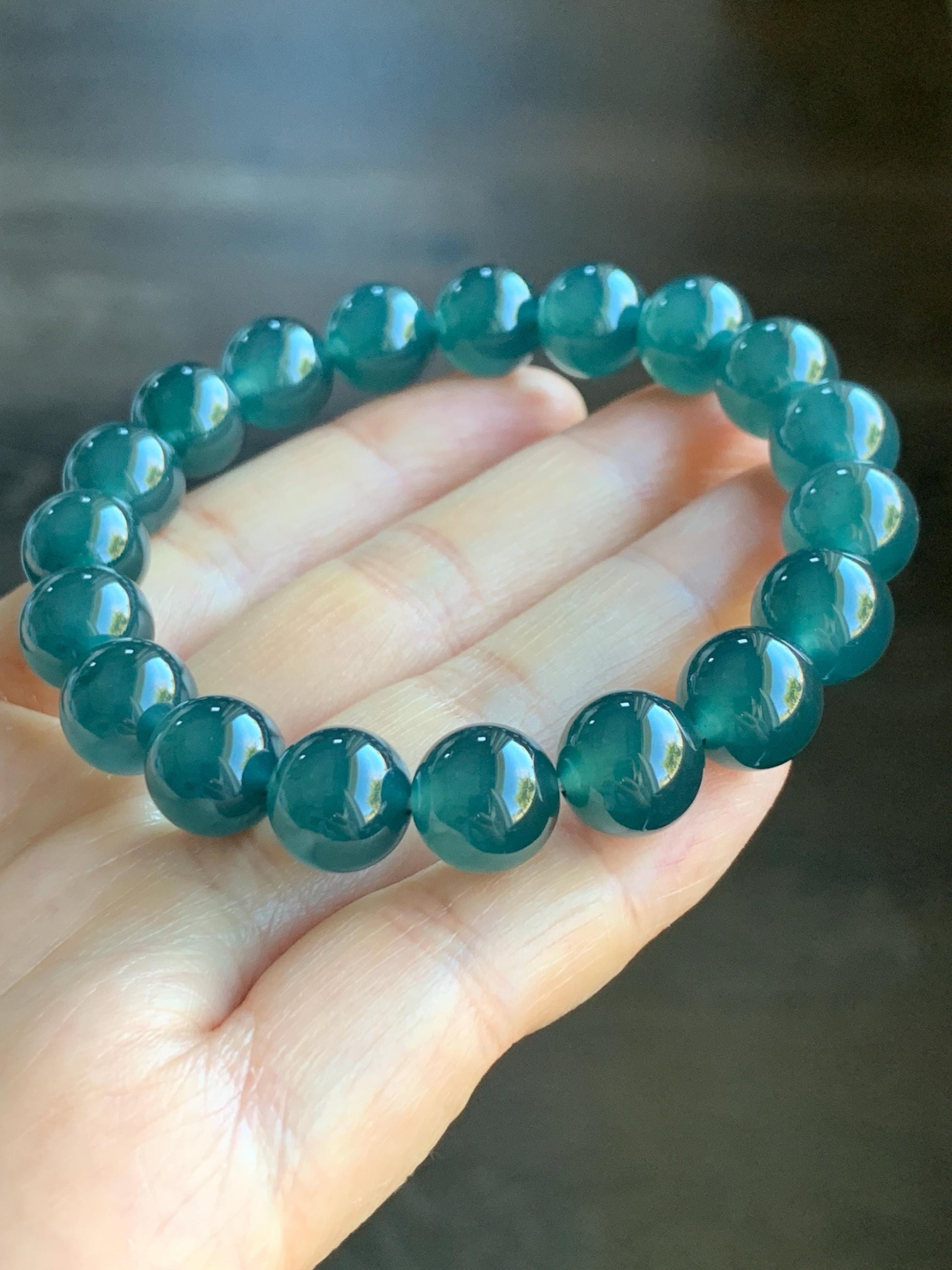 Certified Natural Grade A Guatemalan Premium Icy Translucent Dark Teal Blue Jadeite Beaded Bracelet 10.5mm 7.25” 37.7g 天然老种冰危深蓝翡翠大卡手串 7854