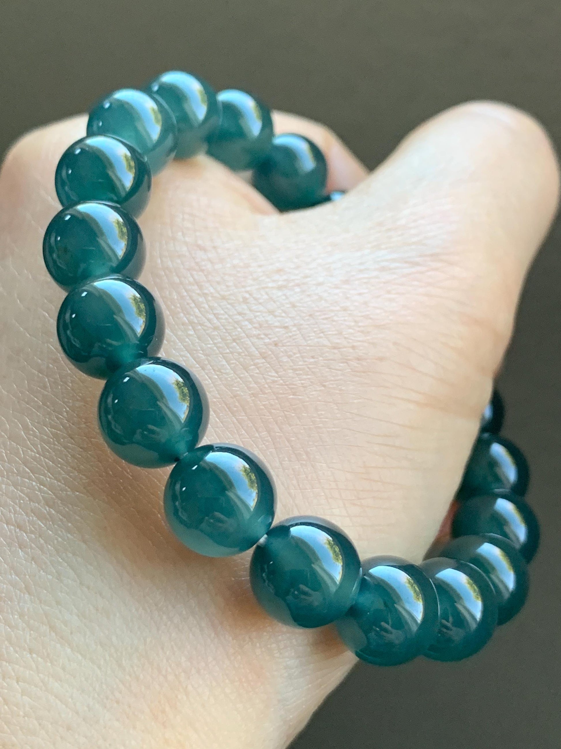 Certified Natural Grade A Guatemalan Premium Icy Translucent Dark Teal Blue Jadeite Beaded Bracelet 10.5mm 7.25” 37.7g 天然老种冰危深蓝翡翠大卡手串 7854