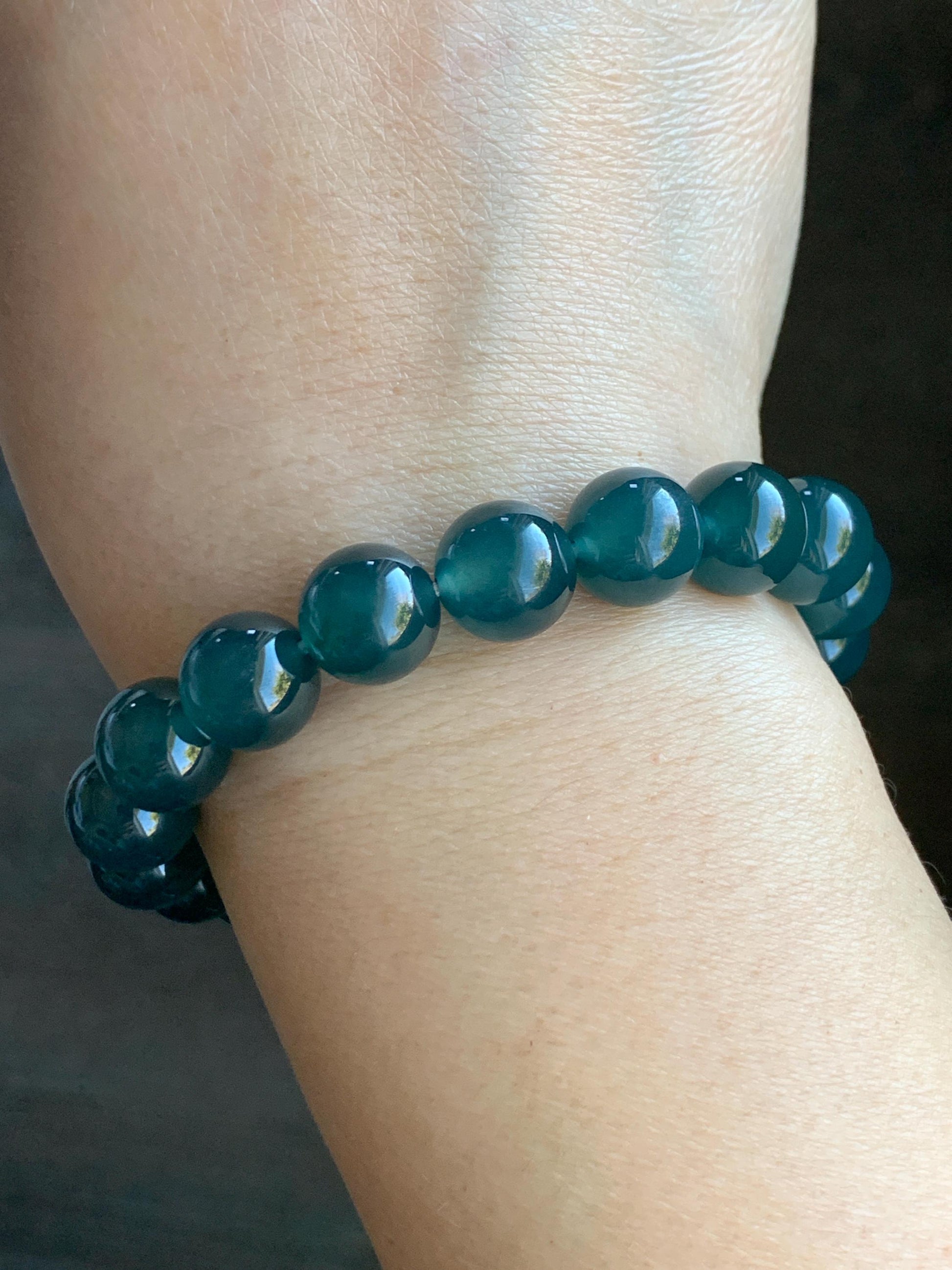 Certified Natural Grade A Guatemalan Premium Icy Translucent Dark Teal Blue Jadeite Beaded Bracelet 10.5mm 7.25” 37.7g 天然老种冰危深蓝翡翠大卡手串 7854