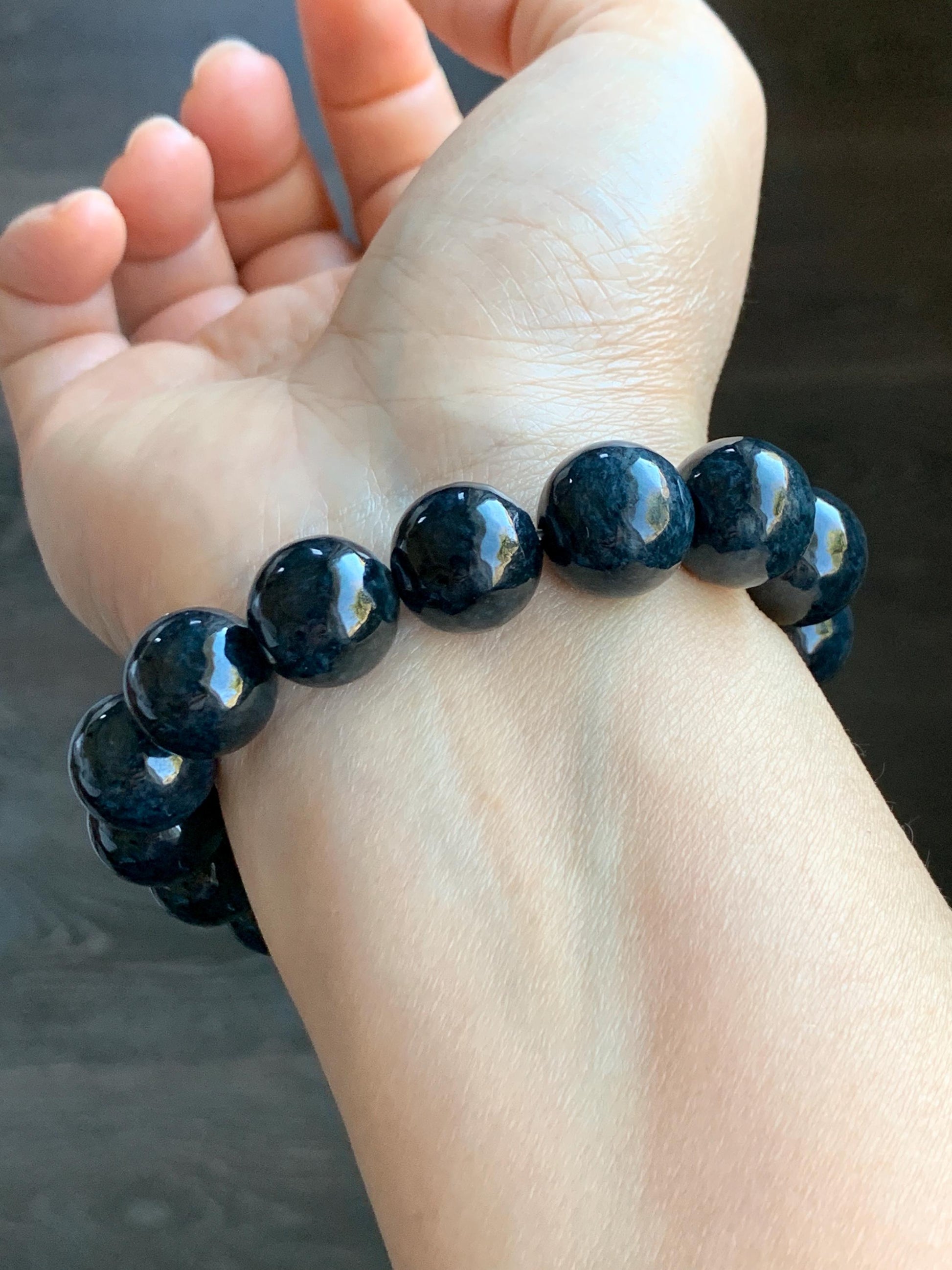 Natural Grade A Dark Navy Blue Jadeite Large Round Beads Beaded Bracelet Stretchy 13.6mm 7.75" 64g 天然A货深牛仔蓝翡翠大卡圆珠手串 MNZL280