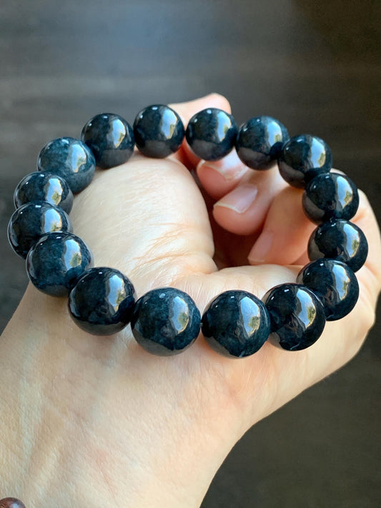 Natural Grade A Dark Navy Blue Jadeite Large Round Beads Beaded Bracelet Stretchy 13.6mm 7.75" 64g 天然A货深牛仔蓝翡翠大卡圆珠手串 MNZL280