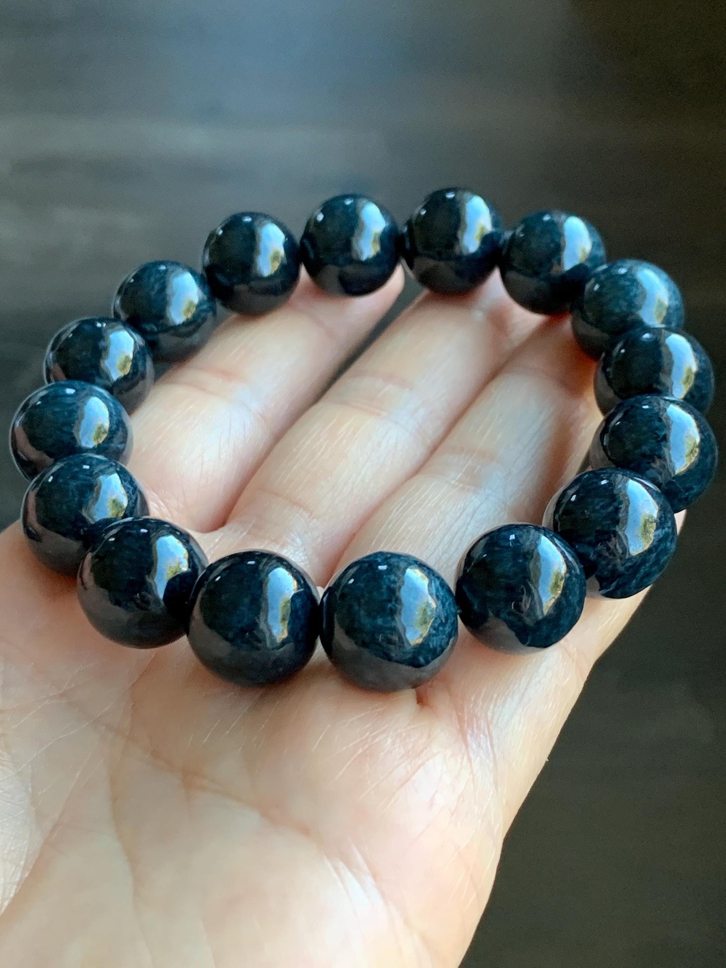 Natural Grade A Dark Navy Blue Jadeite Large Round Beads Beaded Bracelet Stretchy 13.6mm 7.75" 64g 天然A货深牛仔蓝翡翠大卡圆珠手串 MNZL280