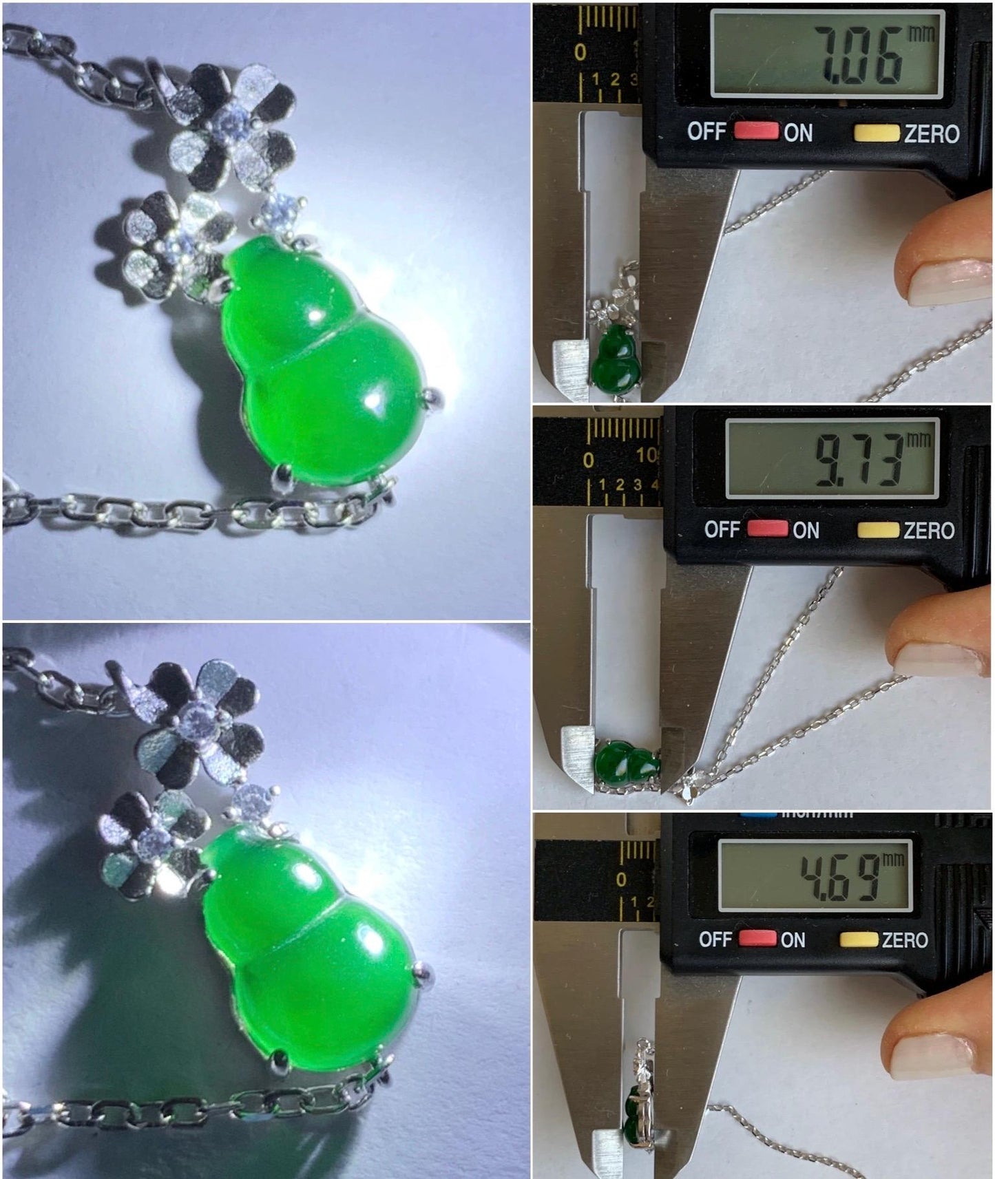 Natural Grade A Guatemalan Icy Translucent Vibrant Green Gourd Hulu Jadeite & Flowers Chain Bracelet Sterling Silver 6.5" 天然冰危绿翡翠葫芦梅花银手链