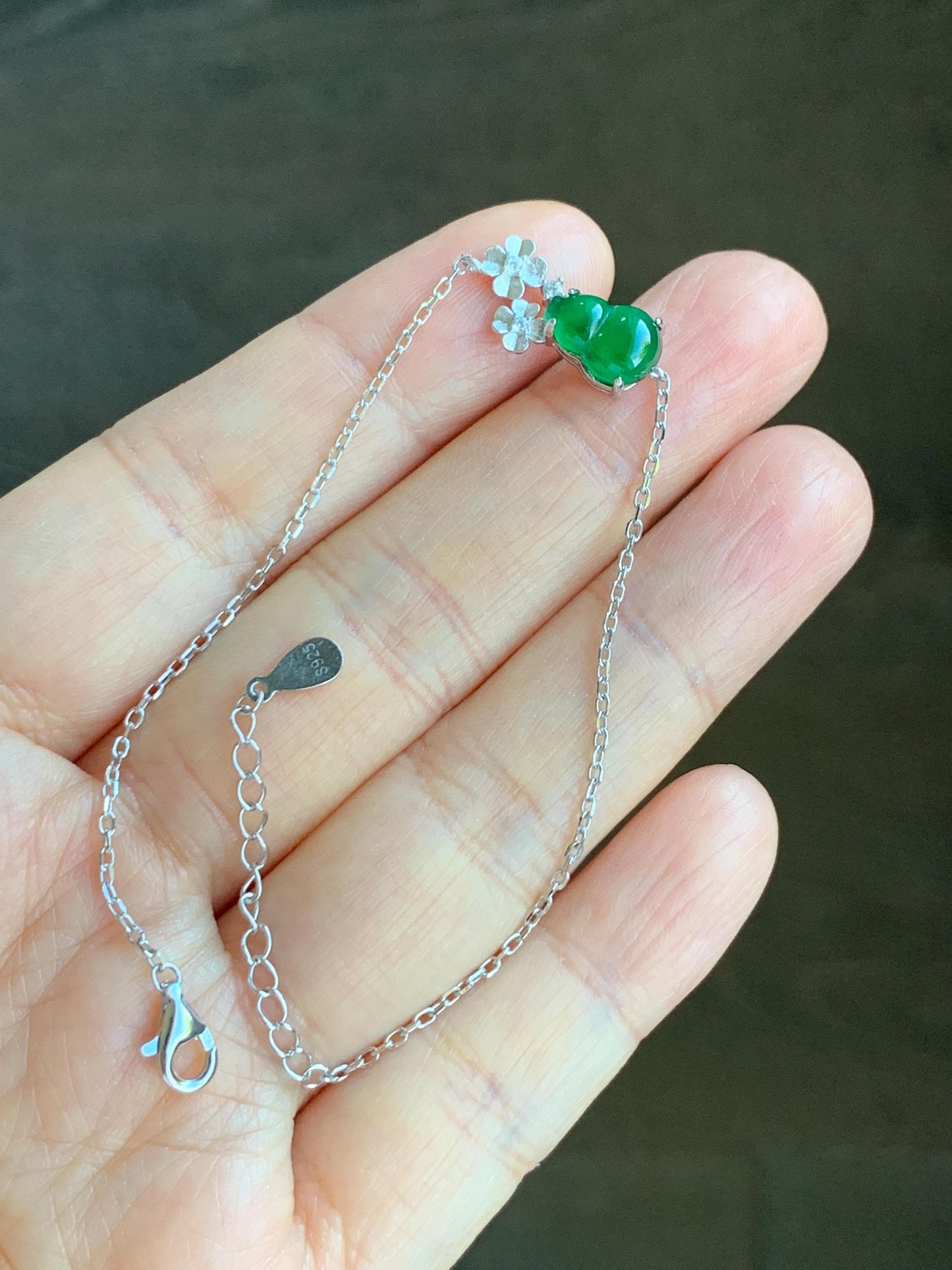 Natural Grade A Guatemalan Icy Translucent Vibrant Green Gourd Hulu Jadeite & Flowers Chain Bracelet Sterling Silver 6.5" 天然冰危绿翡翠葫芦梅花银手链