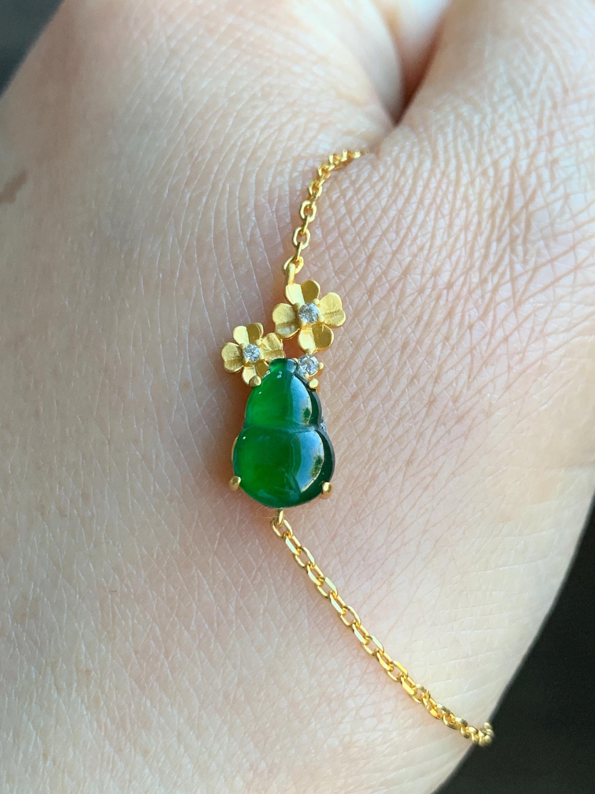 Natural Grade A Guatemalan Icy Translucent Vibrant Green Gourd Hulu Jadeite & Flowers Chain Bracelet Sterling Silver 6.5" 天然冰危绿翡翠葫芦梅花银手链