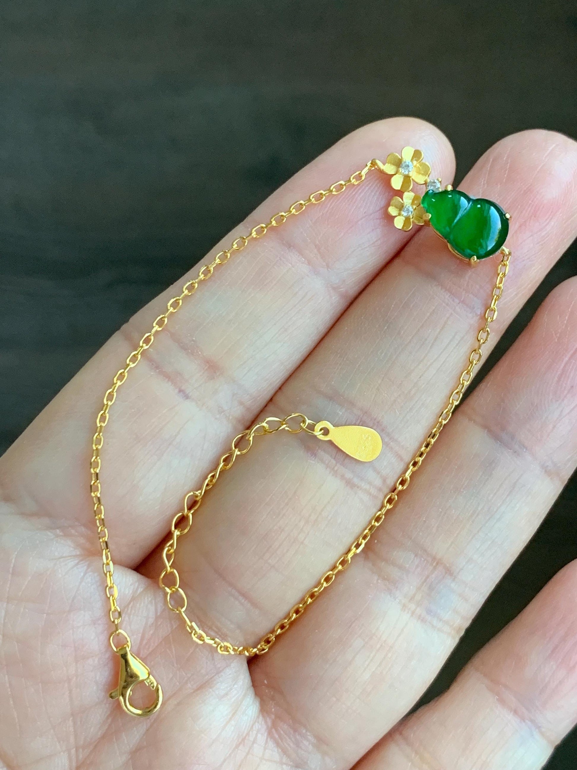 Natural Grade A Guatemalan Icy Translucent Vibrant Green Gourd Hulu Jadeite & Flowers Chain Bracelet Sterling Silver 6.5" 天然冰危绿翡翠葫芦梅花银手链