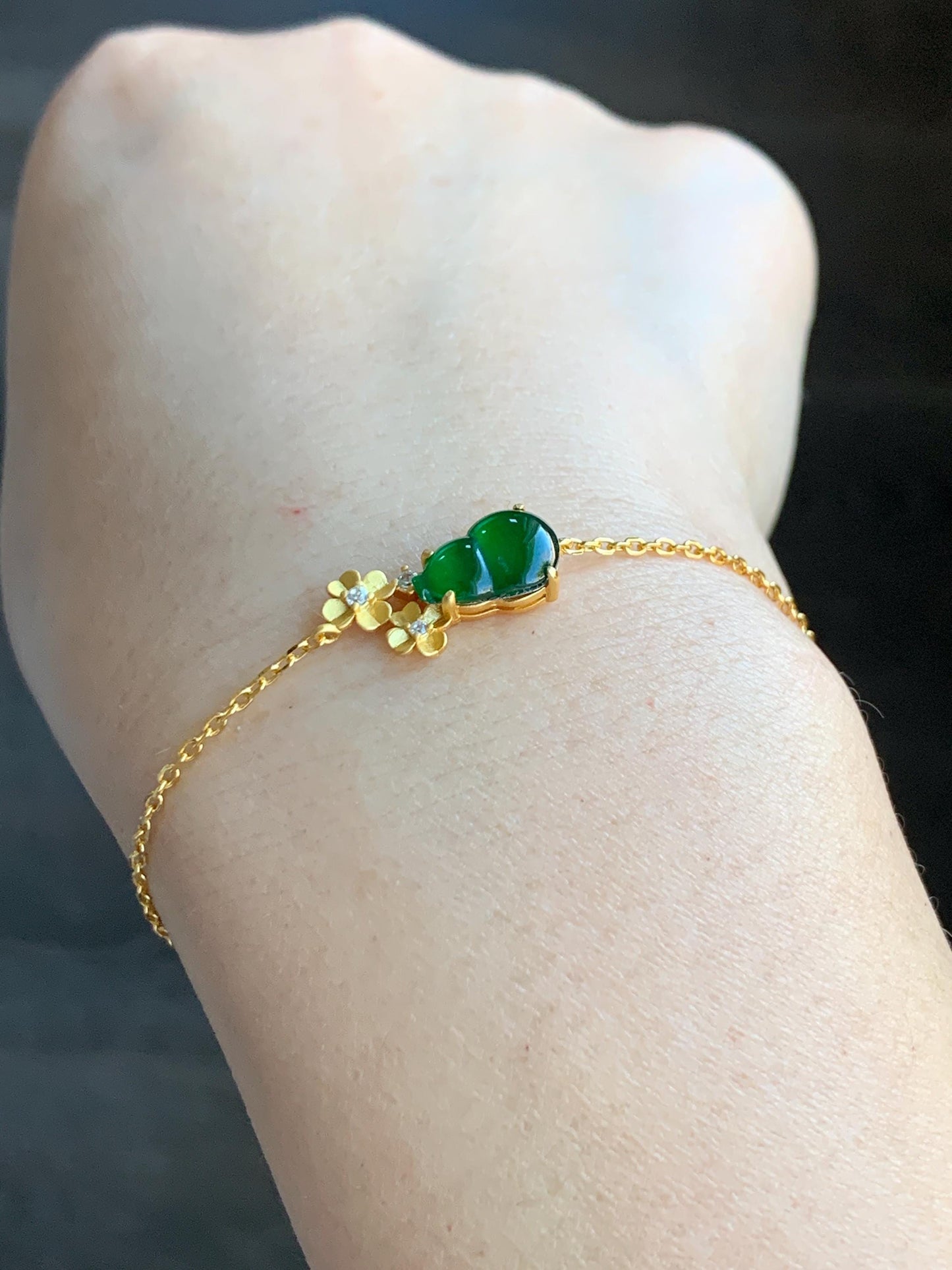 Natural Grade A Guatemalan Icy Translucent Vibrant Green Gourd Hulu Jadeite & Flowers Chain Bracelet Sterling Silver 6.5" 天然冰危绿翡翠葫芦梅花银手链
