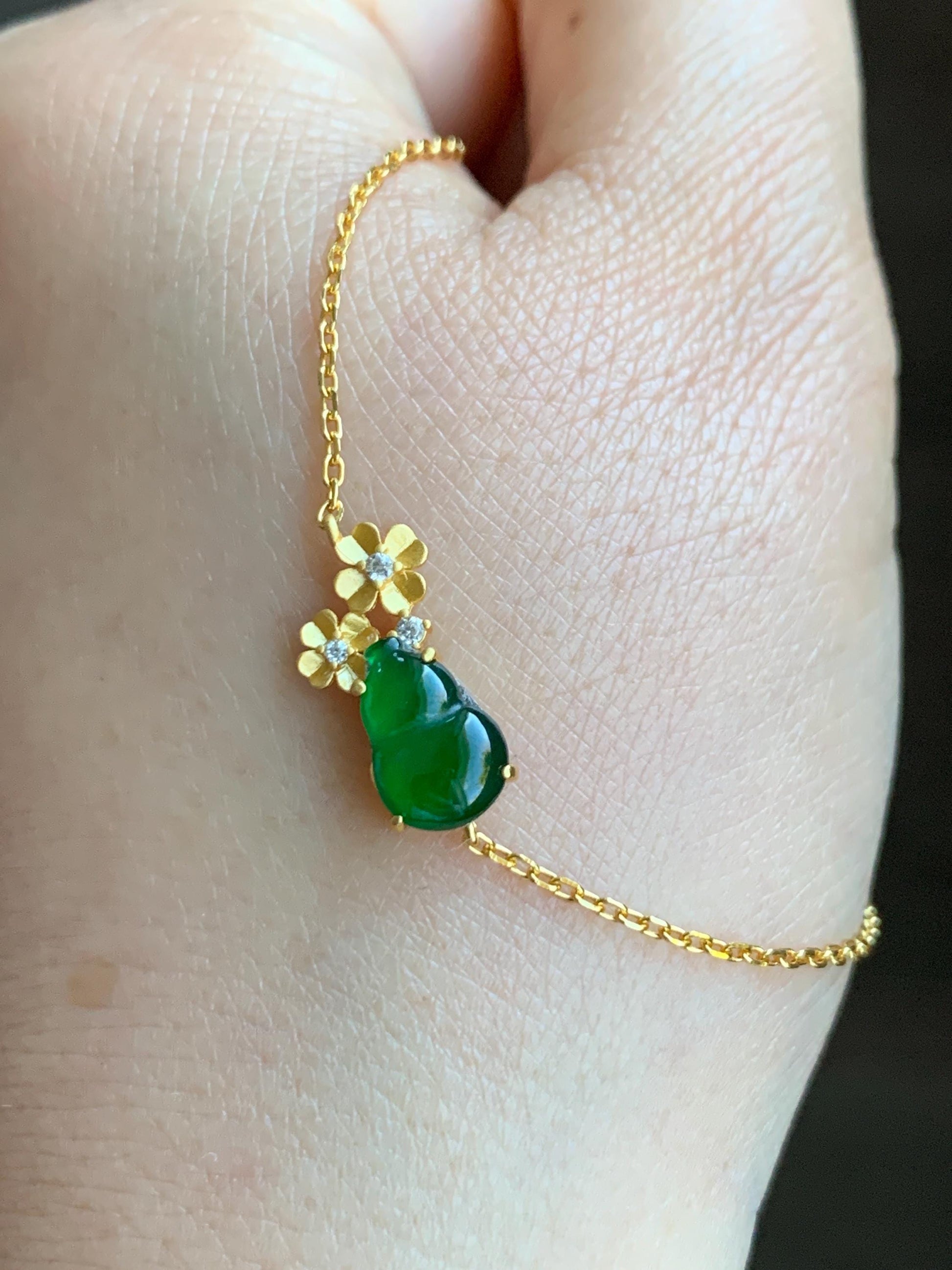Natural Grade A Guatemalan Icy Translucent Vibrant Green Gourd Hulu Jadeite & Flowers Chain Bracelet Sterling Silver 6.5" 天然冰危绿翡翠葫芦梅花银手链
