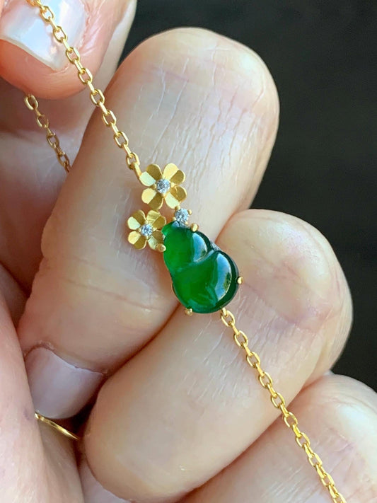 Natural Grade A Guatemalan Icy Translucent Vibrant Green Gourd Hulu Jadeite & Flowers Chain Bracelet Sterling Silver 6.5" 天然冰危绿翡翠葫芦梅花银手链