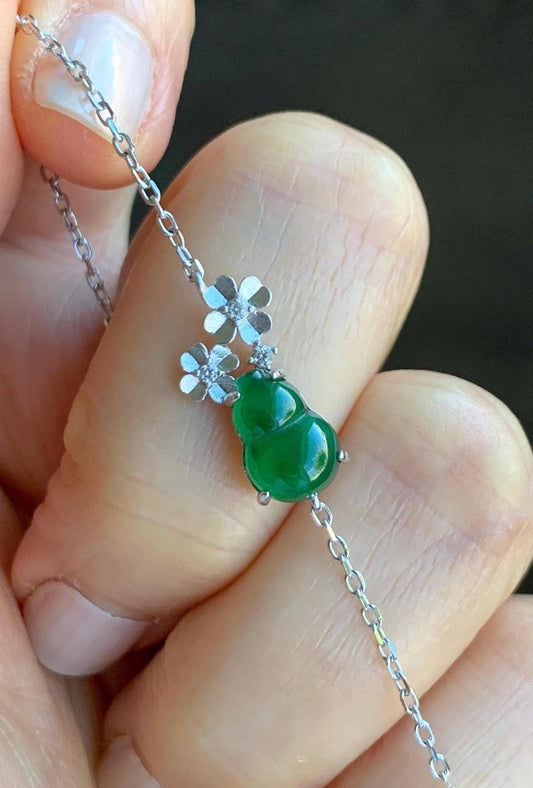 Natural Grade A Guatemalan Icy Translucent Vibrant Green Gourd Hulu Jadeite & Flowers Chain Bracelet Sterling Silver 6.5" 天然冰危绿翡翠葫芦梅花银手链