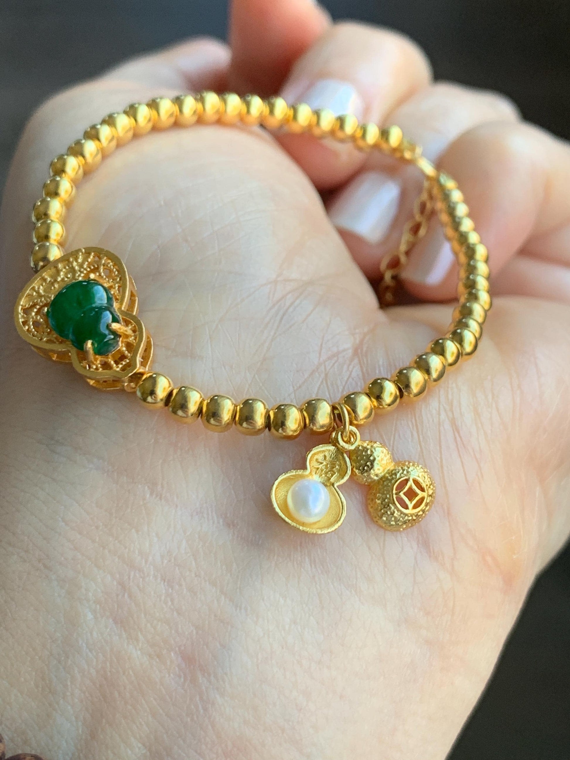 Natural Guatemalan Icy Translucent Vibrant Green Gourd Hulu Jadeite Beaded Chain Bracelet w/ Charm Sterling Silver 6"-7.25” 天然冰危绿翡翠葫芦银镶手链