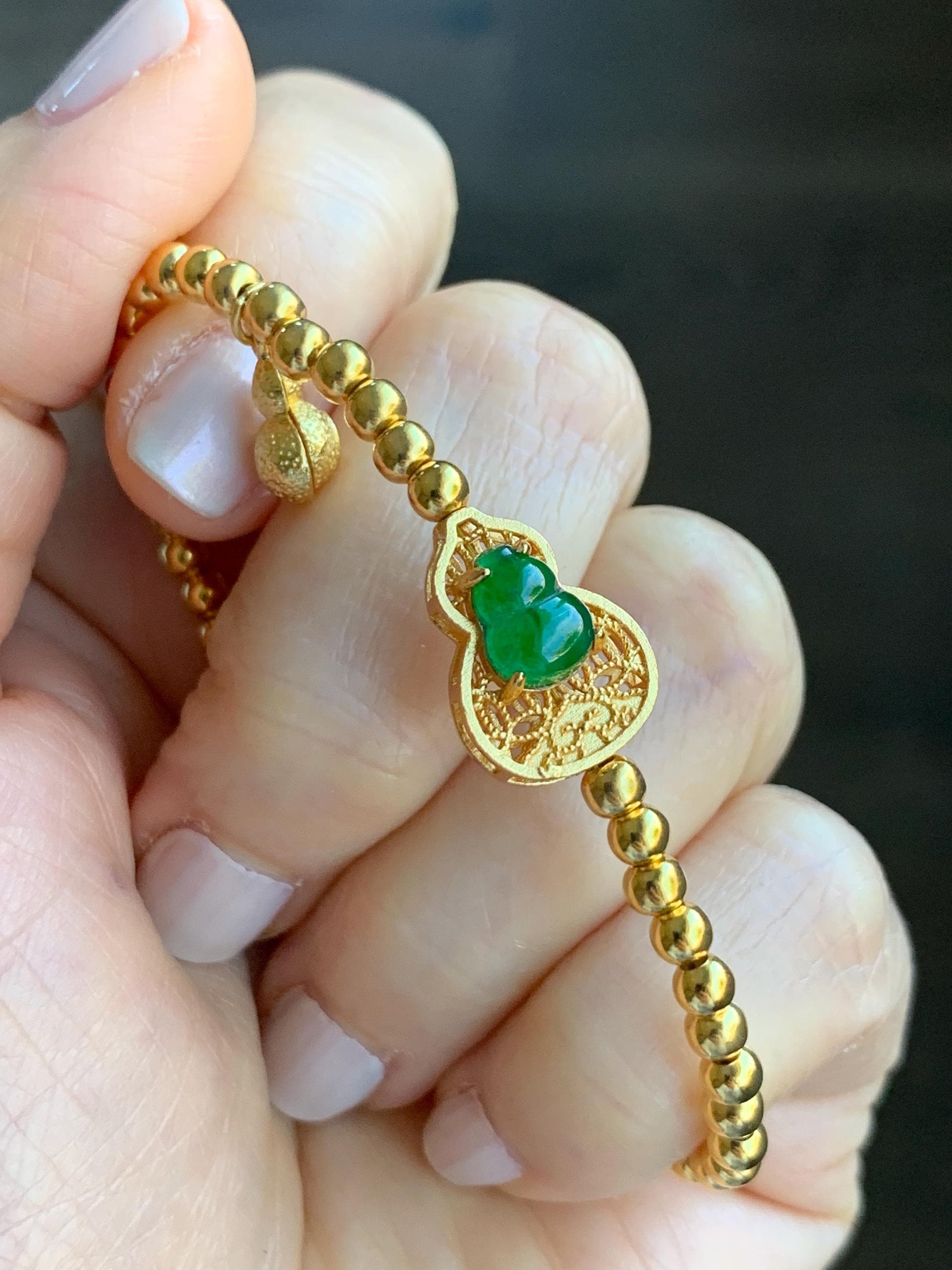 Natural Guatemalan Icy Translucent Vibrant Green Gourd Hulu Jadeite Beaded Chain Bracelet w/ Charm Sterling Silver 6"-7.25” 天然冰危绿翡翠葫芦银镶手链