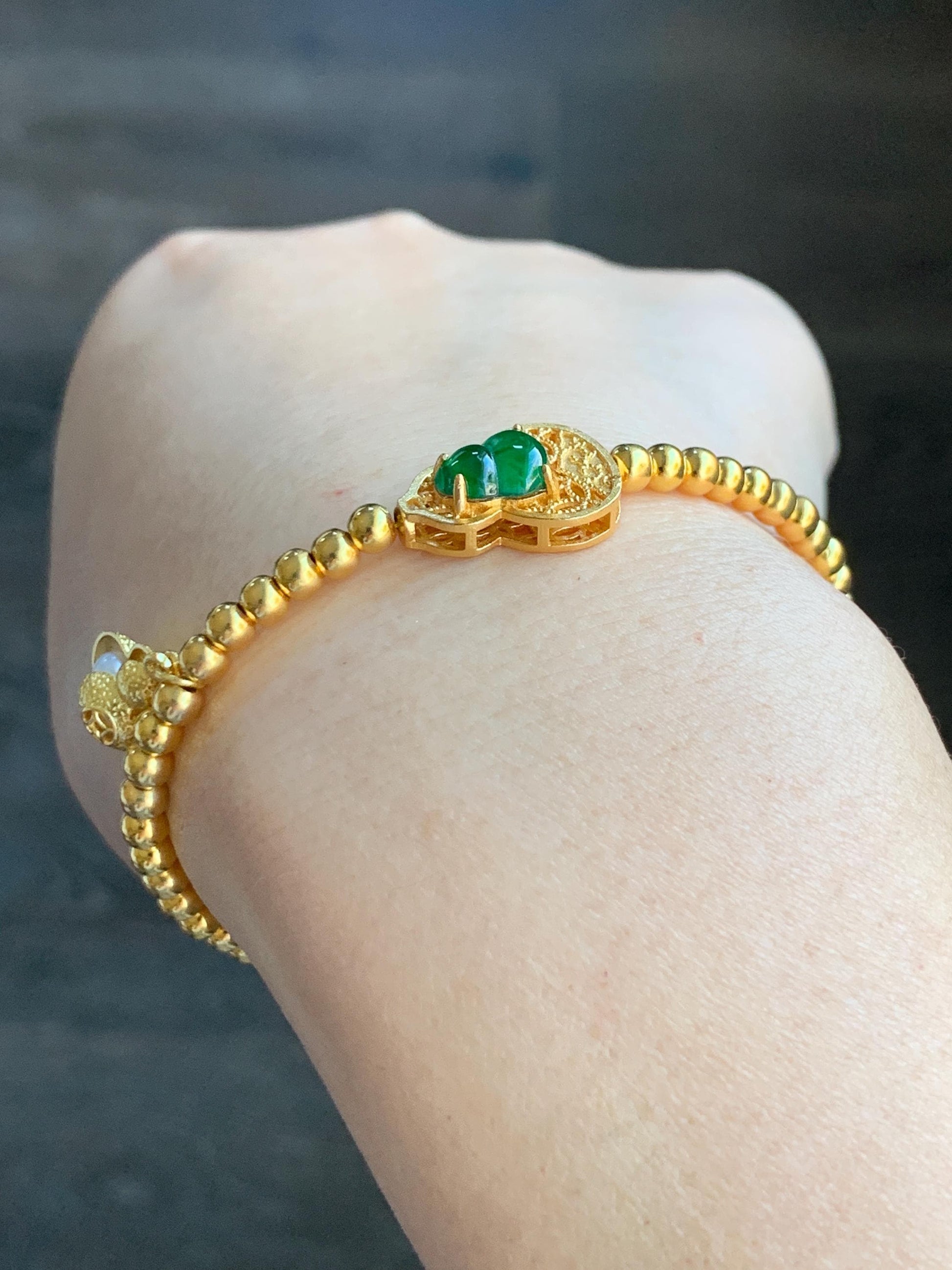 Natural Guatemalan Icy Translucent Vibrant Green Gourd Hulu Jadeite Beaded Chain Bracelet w/ Charm Sterling Silver 6"-7.25” 天然冰危绿翡翠葫芦银镶手链