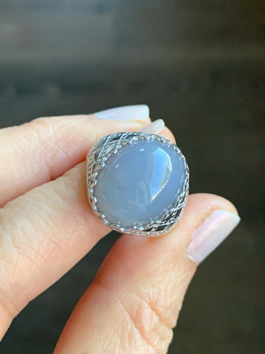 Certified Natural Grade A Icy Translation Dusty Purple Large Jadeite Oval Solitaire Ring Sterling Silver Size 7.25 US