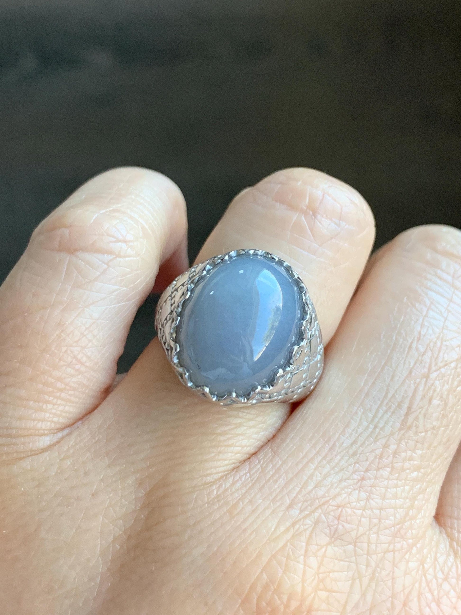 Certified Natural Grade A Icy Translation Dusty Purple Large Jadeite Oval Solitaire Ring Sterling Silver Size 7.25 US