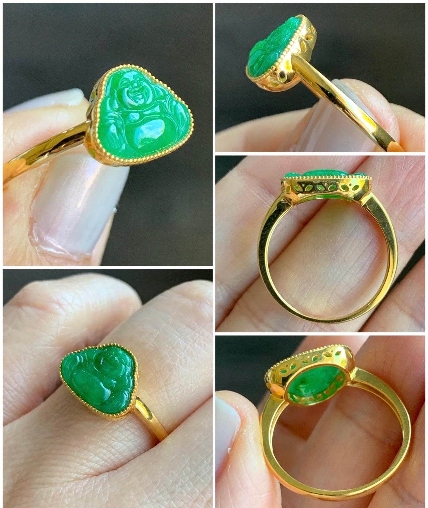 Certified Grade A Natural Icy Translucent Bright Vibrant Green Jadeite Buddha Ring Solid 18K Yellow Gold Size 7.25 US