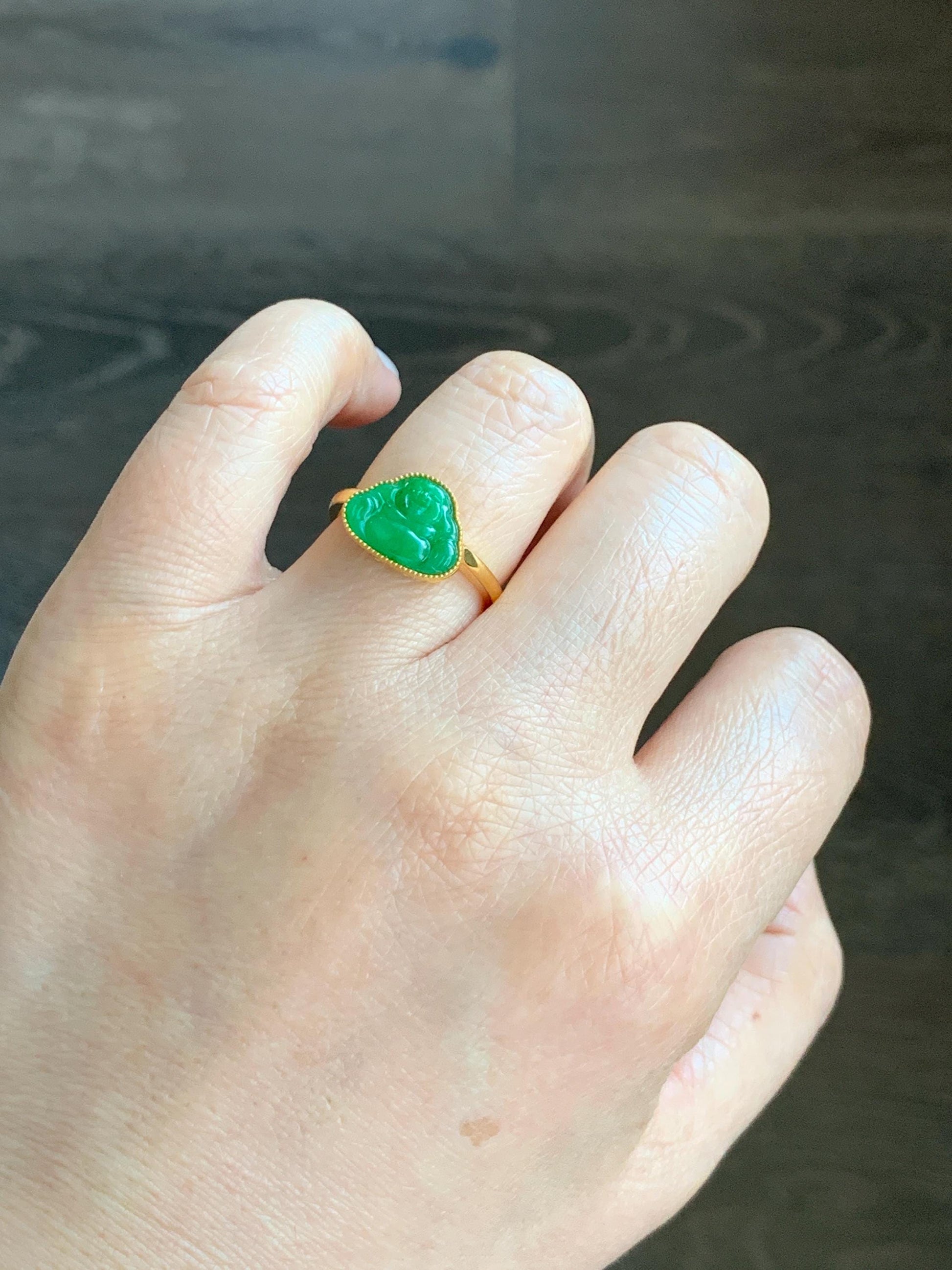 Certified Grade A Natural Icy Translucent Bright Vibrant Green Jadeite Buddha Ring Solid 18K Yellow Gold Size 7.25 US