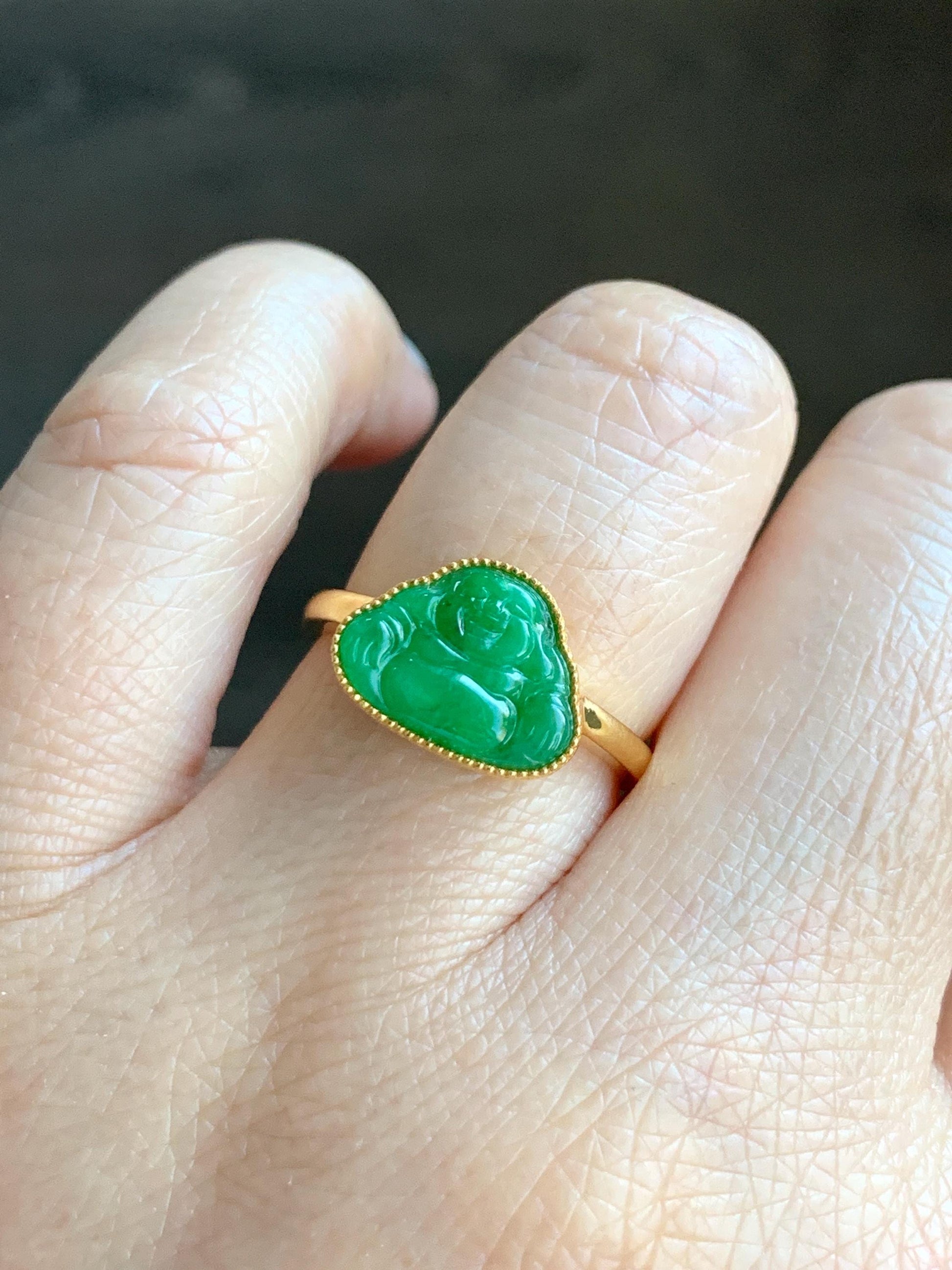 Certified Grade A Natural Icy Translucent Bright Vibrant Green Jadeite Buddha Ring Solid 18K Yellow Gold Size 7.25 US