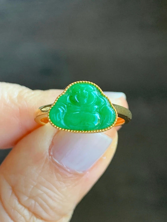 Certified Grade A Natural Icy Translucent Bright Vibrant Green Jadeite Buddha Ring Solid 18K Yellow Gold Size 7.25 US