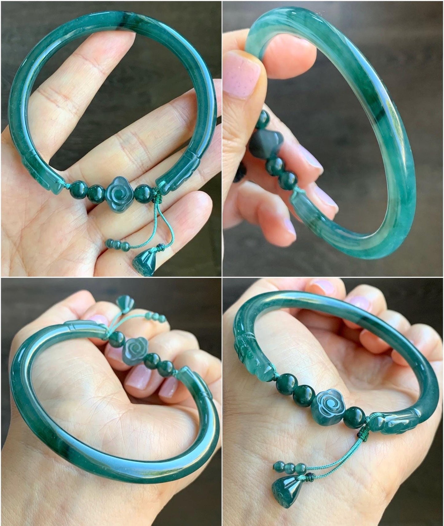 Certified Natural Guatemalan Icy Translucent Dark Teal Green Jadeite Open Bangle Bracelet w/ Lotus Pod Charm 61mm 天然老种冰胶危篮绿翡翠开口镯莲蓬挂坠 3004