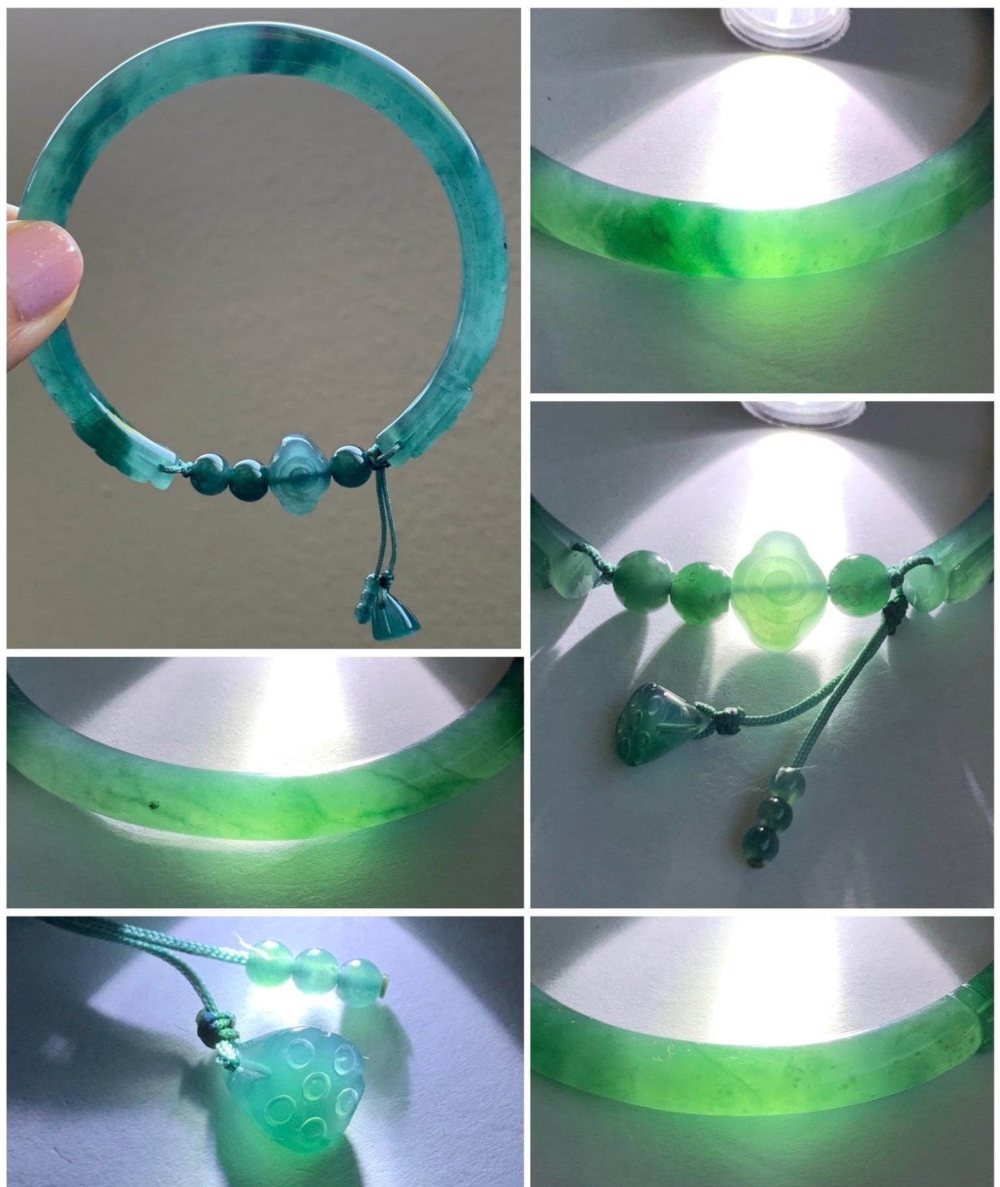 Certified Natural Guatemalan Icy Translucent Dark Teal Green Jadeite Open Bangle Bracelet w/ Lotus Pod Charm 61mm 天然老种冰胶危篮绿翡翠开口镯莲蓬挂坠 3004
