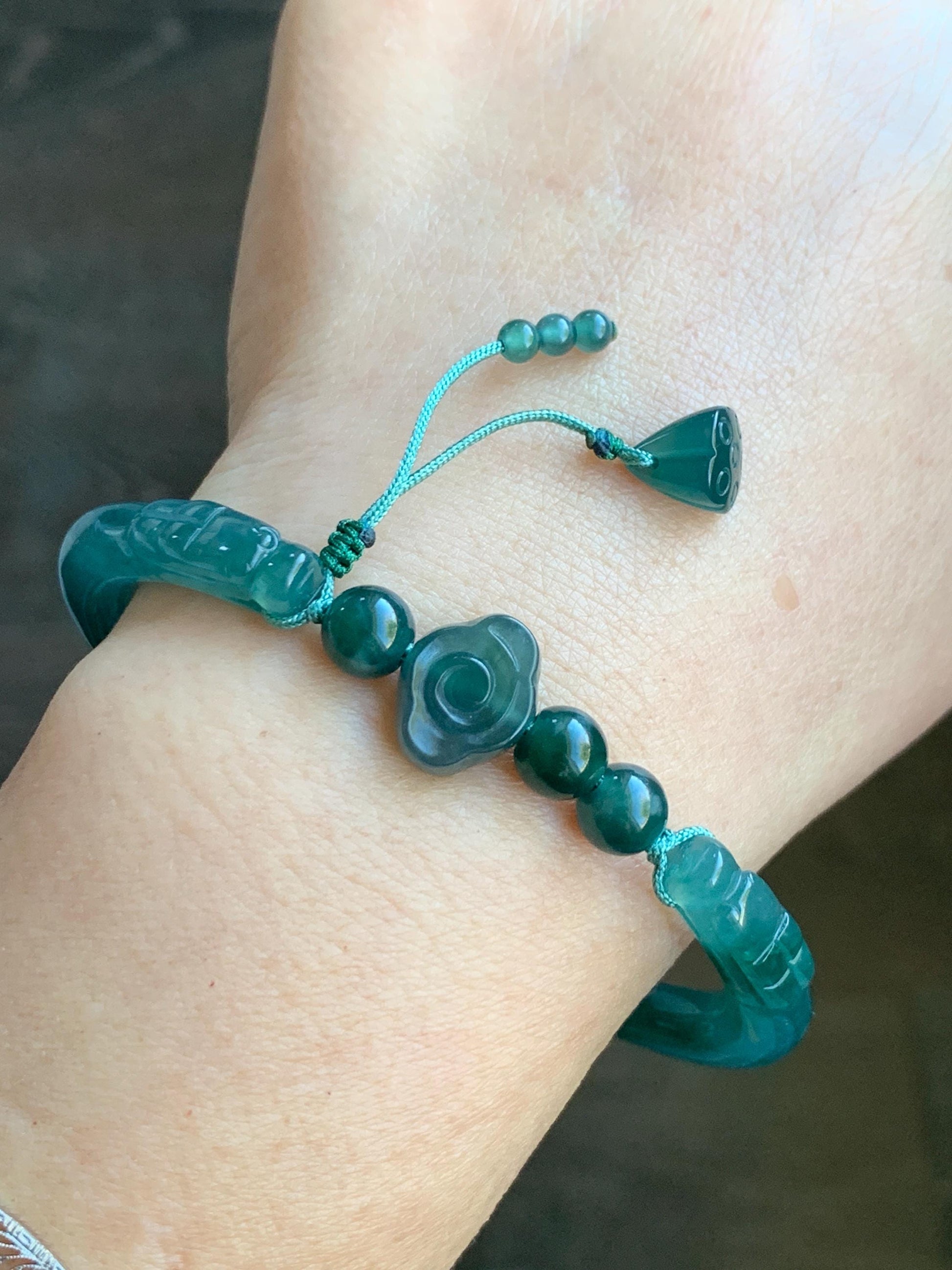 Certified Natural Guatemalan Icy Translucent Dark Teal Green Jadeite Open Bangle Bracelet w/ Lotus Pod Charm 61mm 天然老种冰胶危篮绿翡翠开口镯莲蓬挂坠 3004