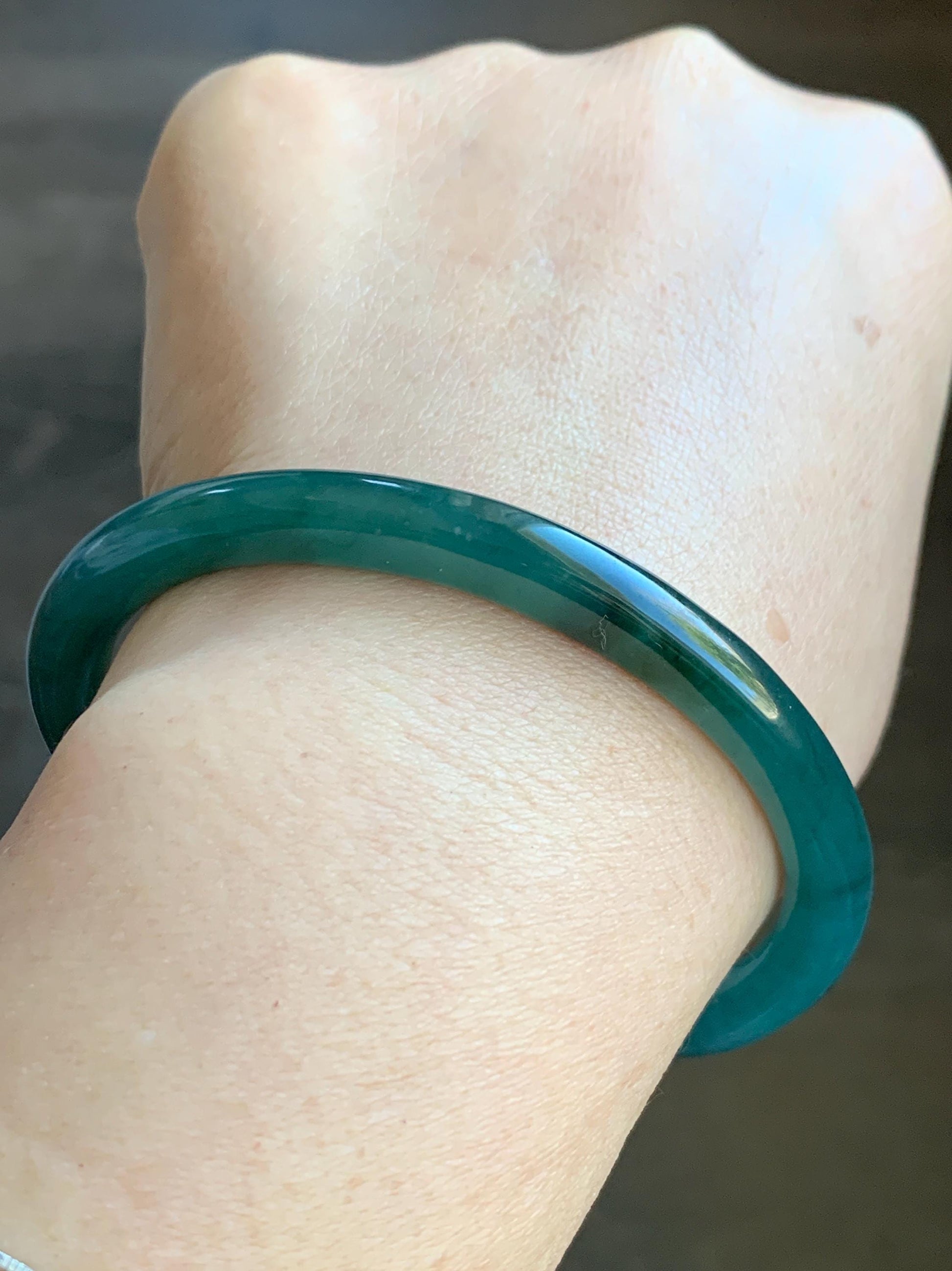Certified Natural Guatemalan Icy Translucent Dark Teal Green Jadeite Open Bangle Bracelet w/ Lotus Pod Charm 61mm 天然老种冰胶危篮绿翡翠开口镯莲蓬挂坠 3004