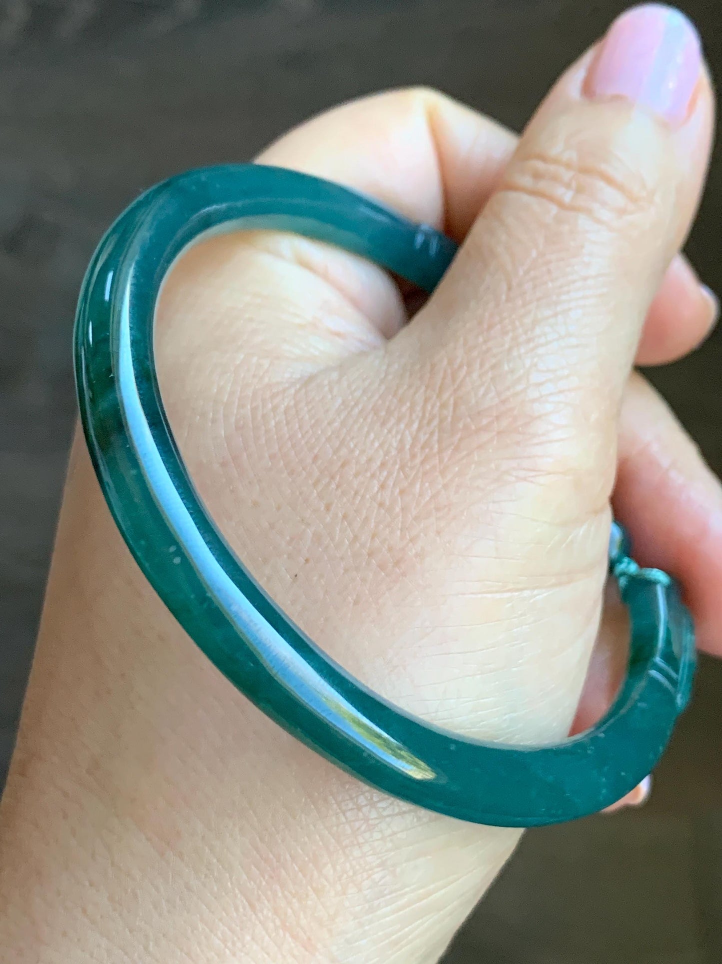 Certified Natural Guatemalan Icy Translucent Dark Teal Green Jadeite Open Bangle Bracelet w/ Lotus Pod Charm 61mm 天然老种冰胶危篮绿翡翠开口镯莲蓬挂坠 3004
