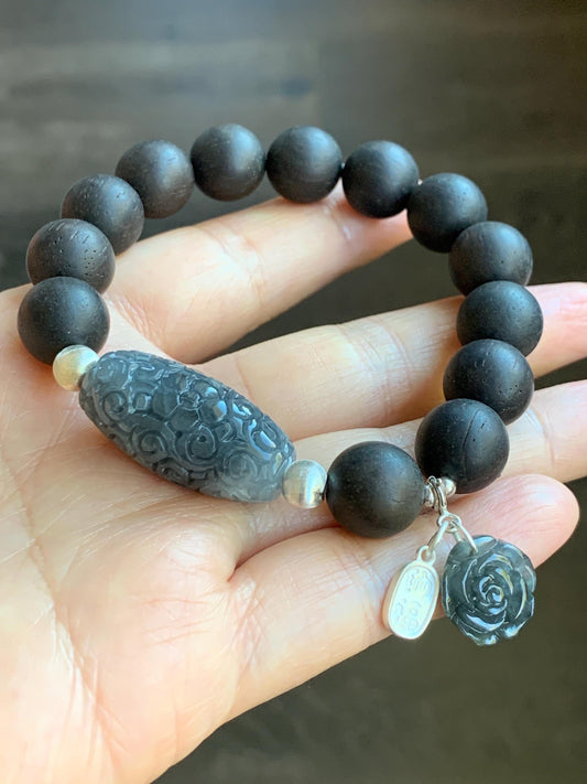 Natural Grade A Icy Translucent Wuji Jadeite Engraved Dzi Bead Rose Charm Wood Beads Beaded Bracelet Sterling Silver 7" 天然冰胶乌鸡翡翠天珠玫瑰花随意扣木珠手串